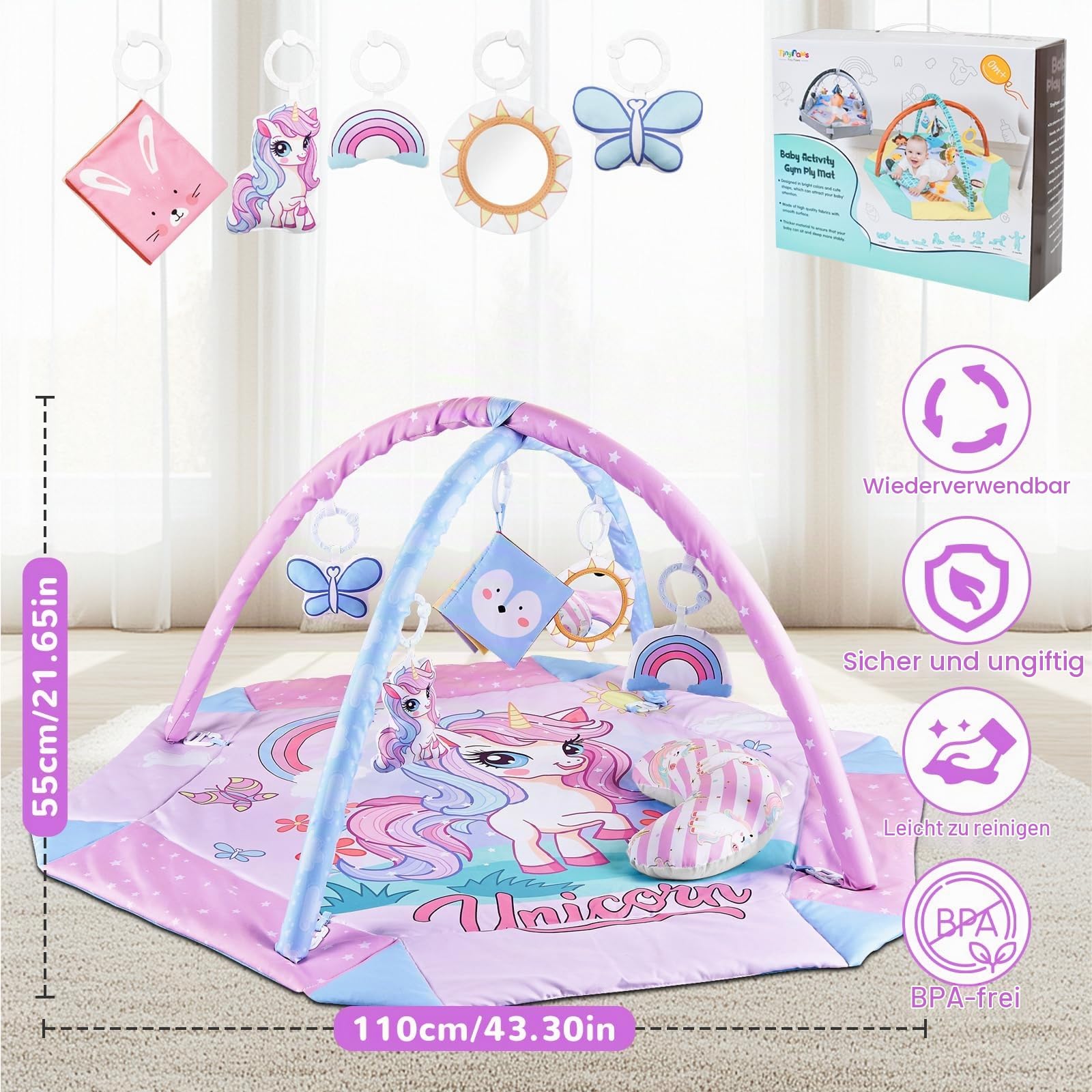 Einhorn Spielbogen Baby 4 in 1, Krabbeldecke mit 5 Hängespielzeug Kissen, Faltbar Weich Krabbelmatte Baby ab 3-24 Monate, Frühe Sensorische Entwicklung Play Mat für Neugeborene