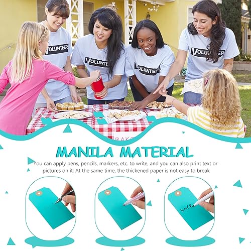 Miniatura 6 de 100 etiquetas de envío de Manila en blanco con alambre para inventario, etiquetas azules de papel para equipaje, etiquetas colgantes verdes con