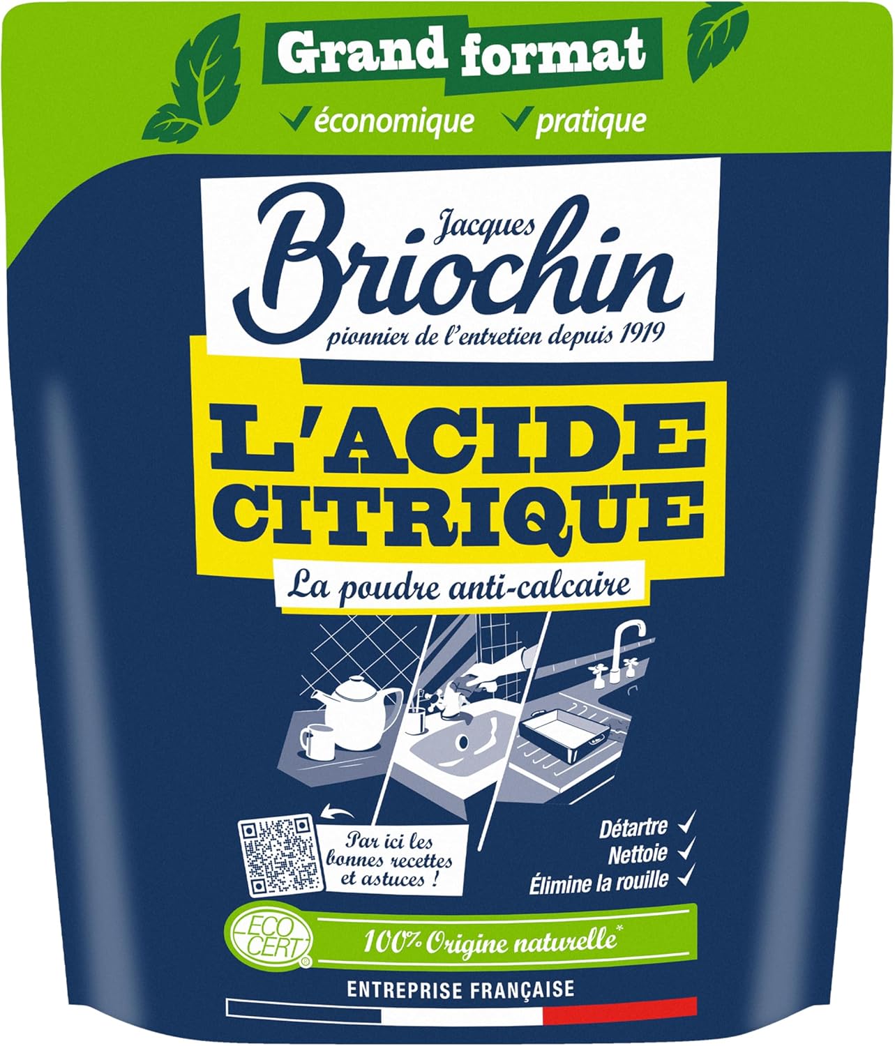 JACQUES BRIOCHIN - Acide Citrique en Poudre- 900g - Nettoie, Détartre, Elimine la Rouille - 100% Origine Naturelle - - Format Economique et Pratique - Fabriqué En France