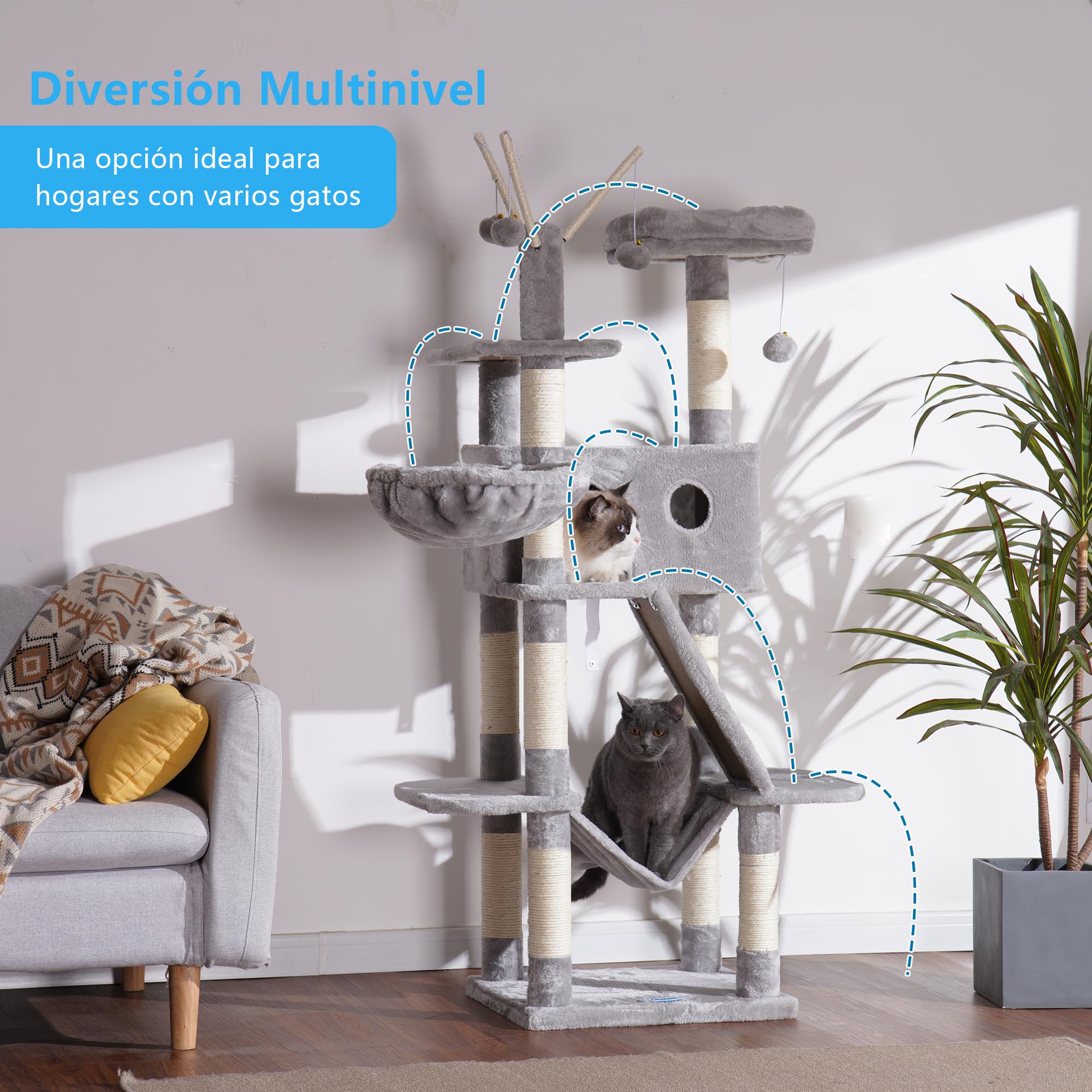 Hey-brother Albero per gatti, 154 cm, torre per gatti da interno, con piattaforma imbottita, palline giocattolo, grande condominio accogliente, amache e tiragraffi in sisal, grigio chiaro EMPJ019W