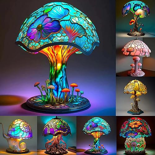 Miniatura 2 de Lámpara de mesa de seta de pintura de serie de plantas manchadas, lámpara de mesa colorida de resina bohemia LED luz nocturna decorativa para