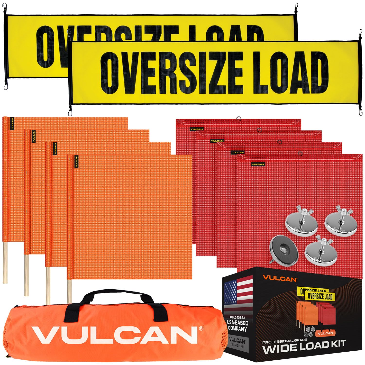 VULCAN Flags, Oversize Load Banners, and Magnets Kit - Includes 2 Stretch Cord Oversize Load Banners, 4 Magnets, 4 Red Flags, 4 Orange Flags, and a High-Viz Vented Storage Bag