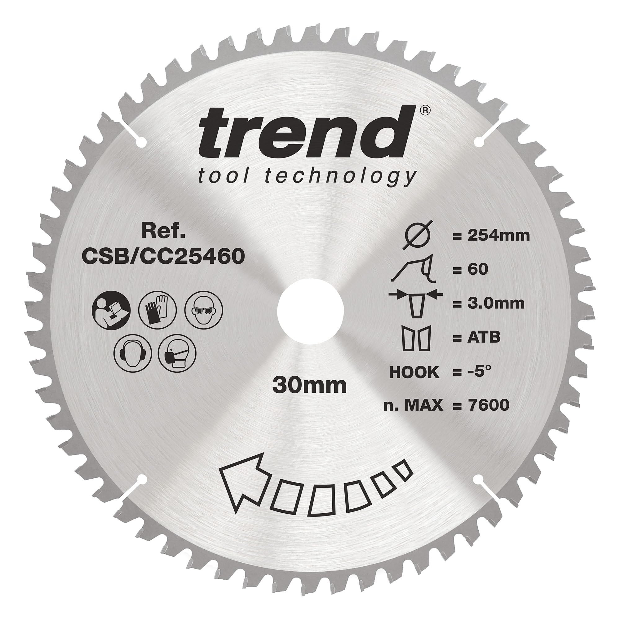 Trend Wood Mitre Saw Blade, 254mm Diameter, 30mm Bore, 60 Teeth, 3mm Kerf, -5° Hook, TCT, Fine Finish, CSB/CC25460