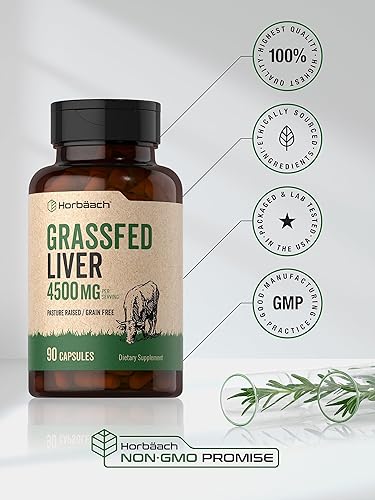 Miniatura 5 de Horbäach Hígado de res alimentado con pasto  4500 mg  90 cápsulas  Desecado, criado en pasto, sin granos, suplemento sin OMG
