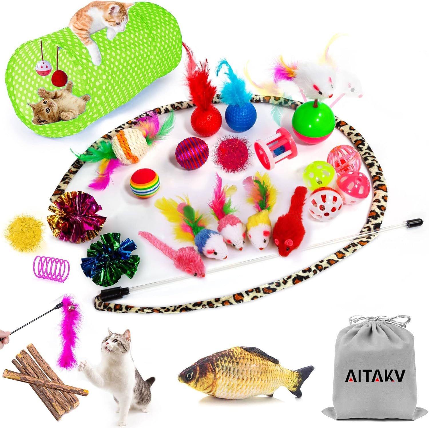 31 PCS Cat Toys Kitten Toys Assortments,Variety Catnip Toy Set Including 2 Way Tunnel,Cat Feather Teaser,Catnip Fish,Mice,Colorful Balls and Bells for Cat,Puppy,Kitty : Pet Supplies