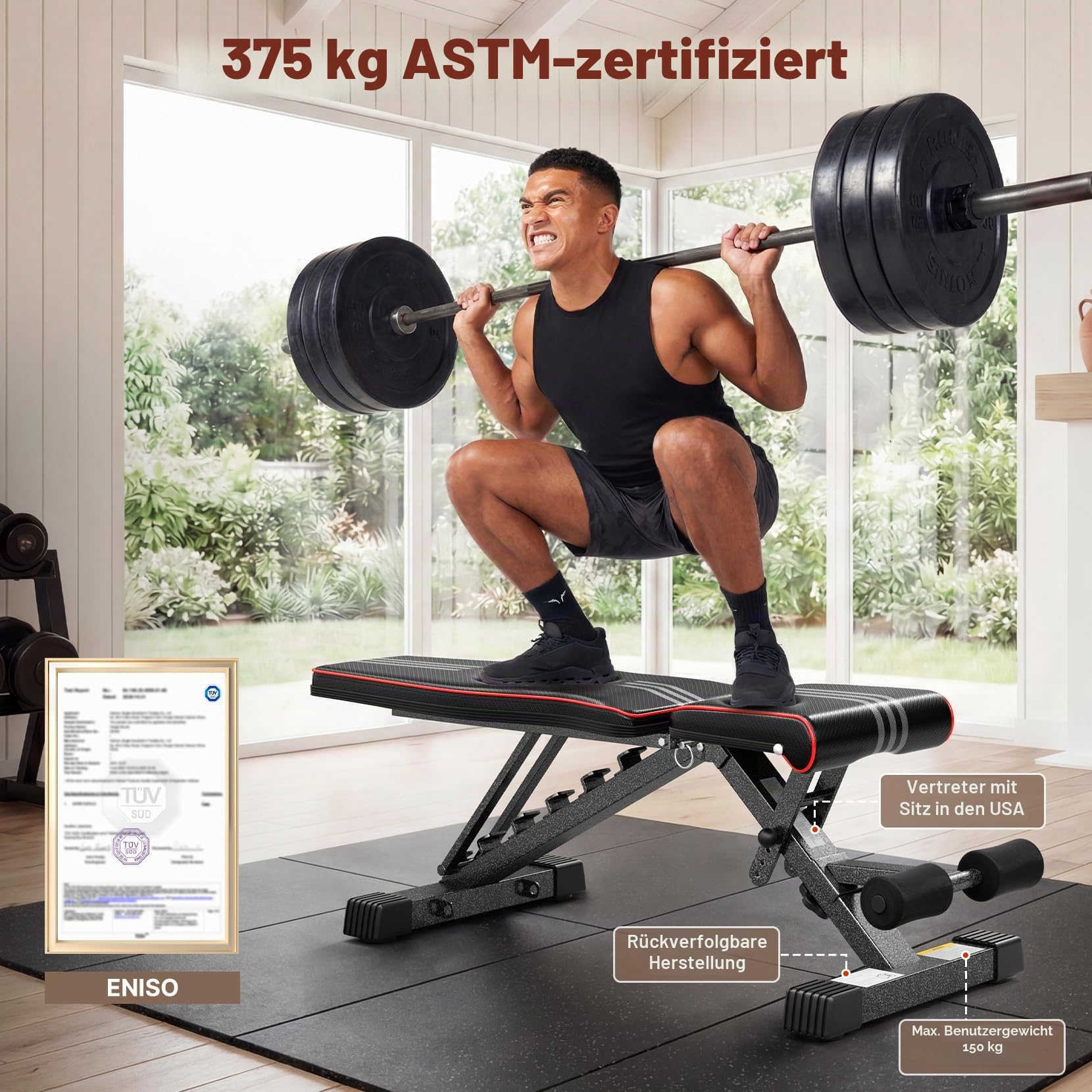 YOLEO Klappbare Hantelbank, ENISO-zertifiziert mit 375KG/400KG Tragfähigkeit, 98% Vormontiert, klappbare Fitnessbank mit 99 Positionen Steigung/Gefälle/Flach, Breiterer Sitz