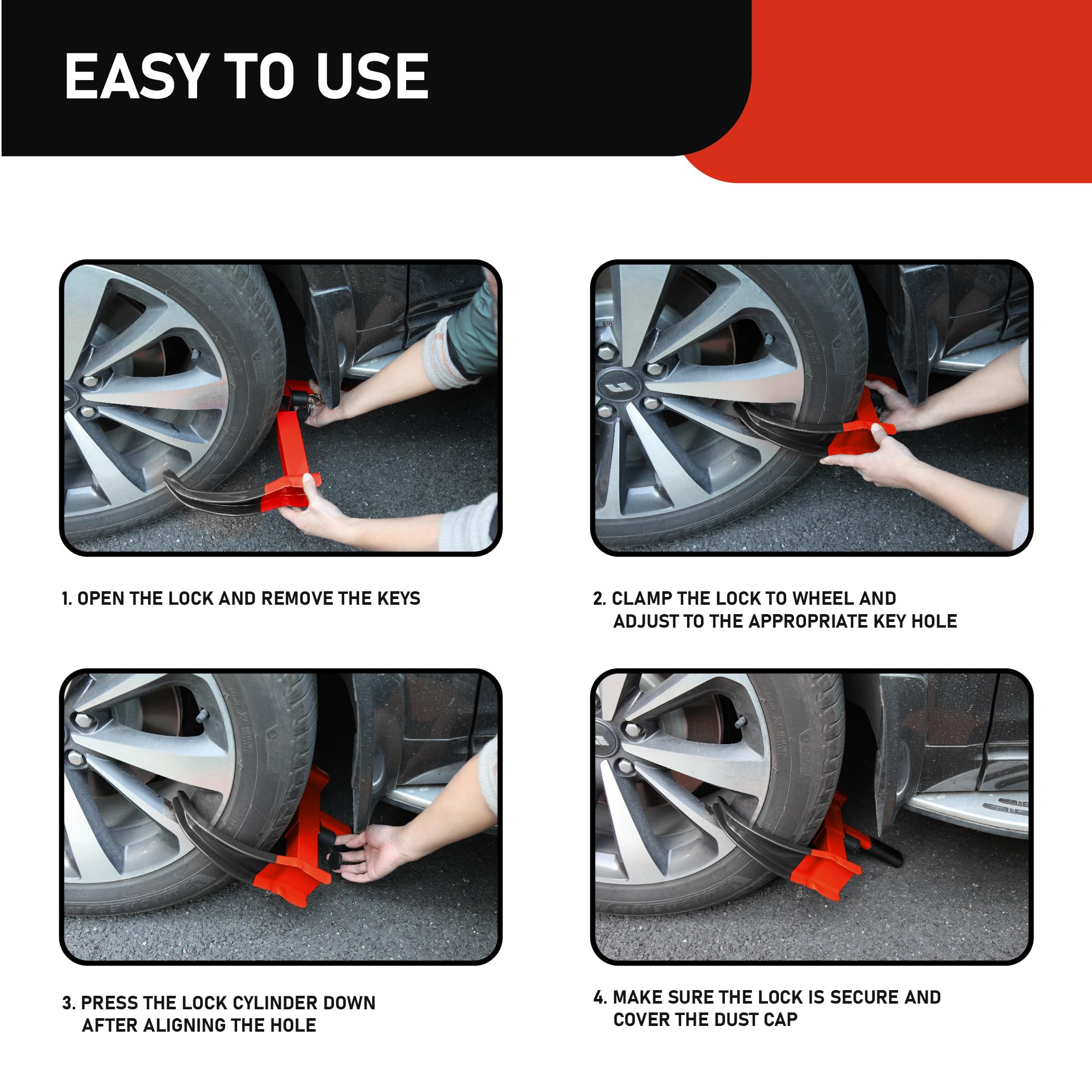 CARTMAN 2 Packs Heavy Duty Trailer Wheel Clamp, Red/Black Universal Security Tire Lock, Adjustable Anti Theft Lock for Trailers SUV Boats ATVs Motorcycles Golf Cart, 6 Alike Keys