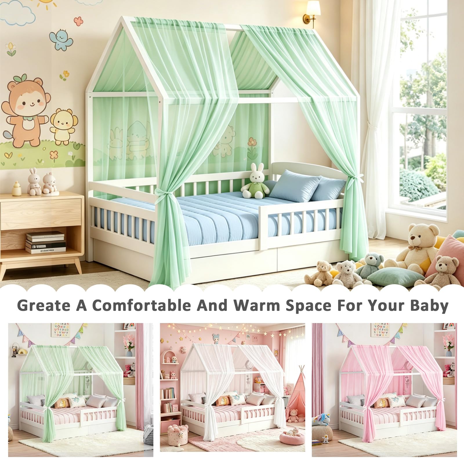 Ciel De Lit Cabane, Rideau Cabane, Ciel Décoratif pour Maison Fille et Garçon – Rideau De Lit pour Enfant (Mousseline De Coton) (Vert, H350CM X W150CM)