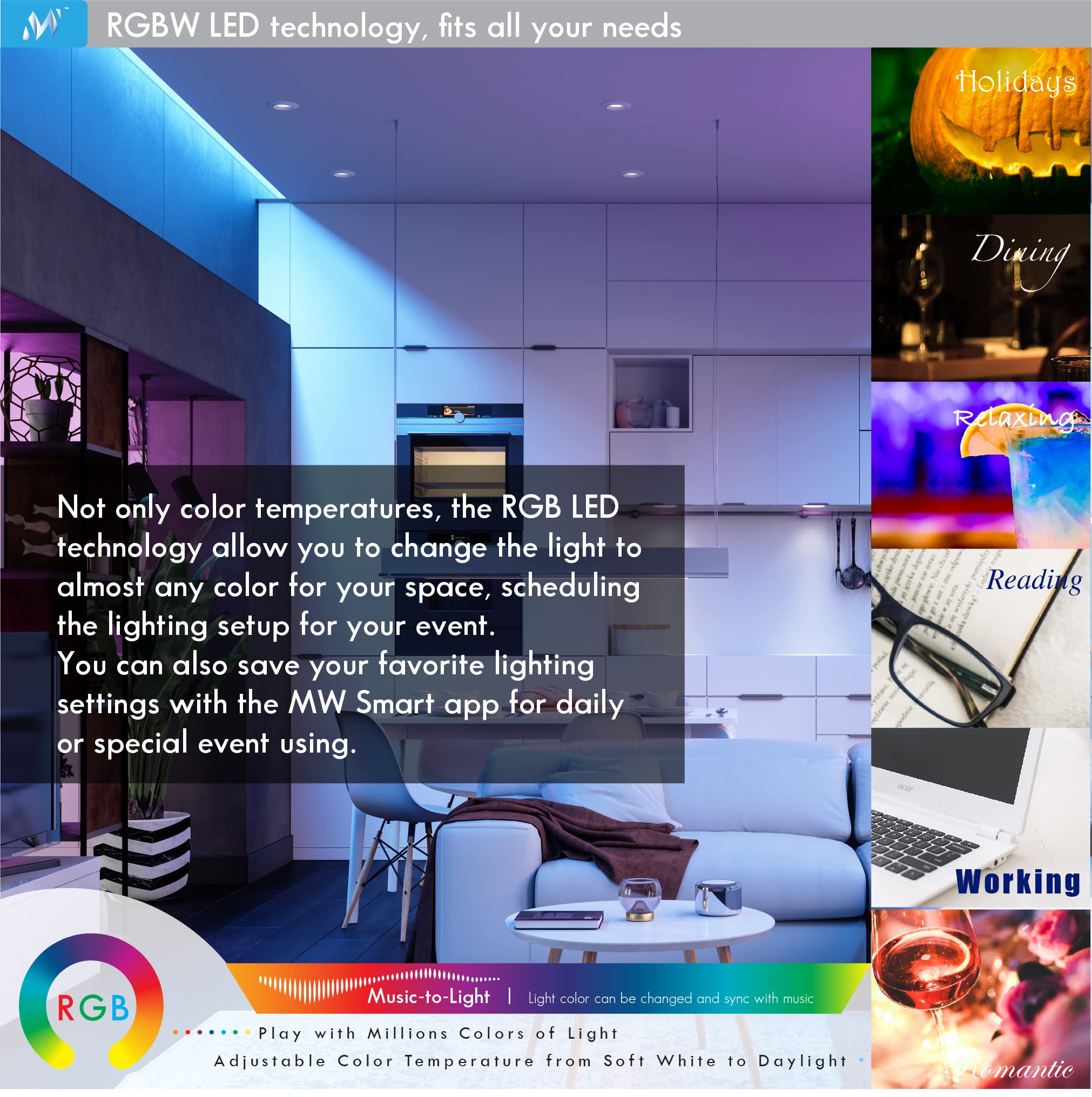 MW 6 inch Canless Ultra-Slim RGB LED Smart Downlight, Flat Trim, 750 Lumen, Junction Box Included, WiFi Access, No Hub Required, Compatible with Alexa or Google Assistant, Energy Star (1 Pack)