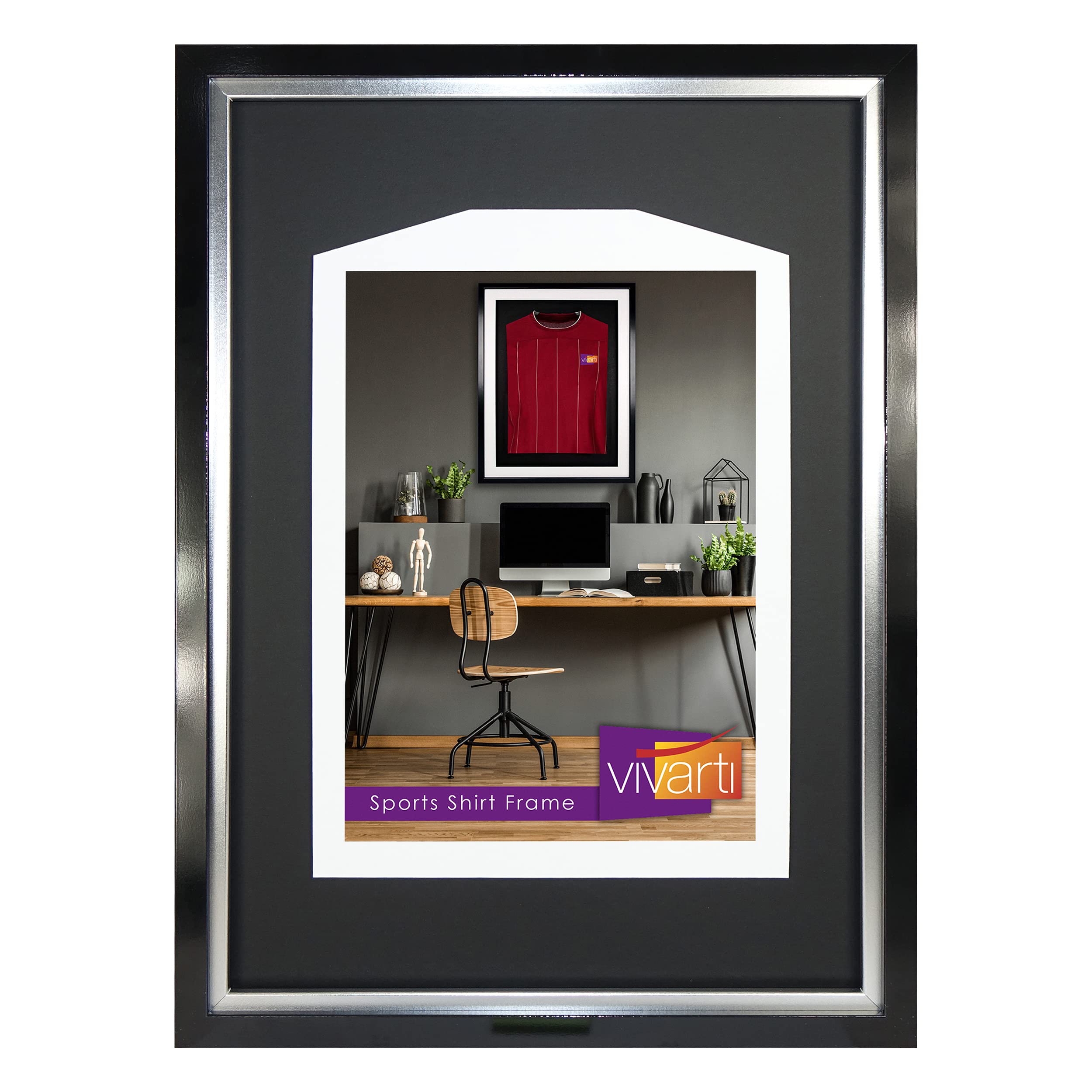 Vivarti Marco de exhibición estándar para camiseta de fútbol, camiseta de rugby, caja de sombra de camiseta de banda, 50 x 70 cm, marco negro brillante, marco interior plateado, tarjeta trasera negra