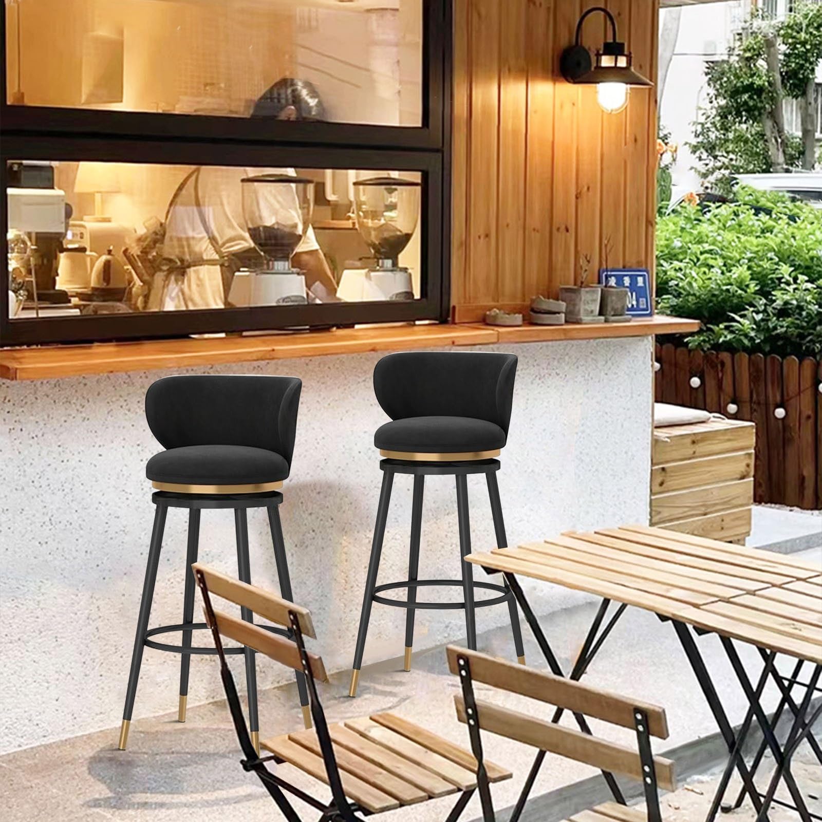 Set di 4 sgabelli da bar girevoli imbottiti in velluto con schienale, seggioloni da cucina, gambe in metallo, 75 cm / 29.5in, decorazione per la casa Slish (nero)