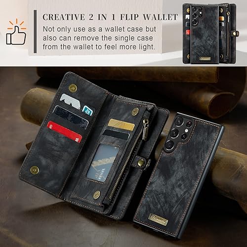 Miniatura 4 de Kowauri Funda tipo cartera para Samsung Galaxy S23 Ultra, cartera de cuero con cremallera y tarjetero para la muñeca, desmontable, magnética, a