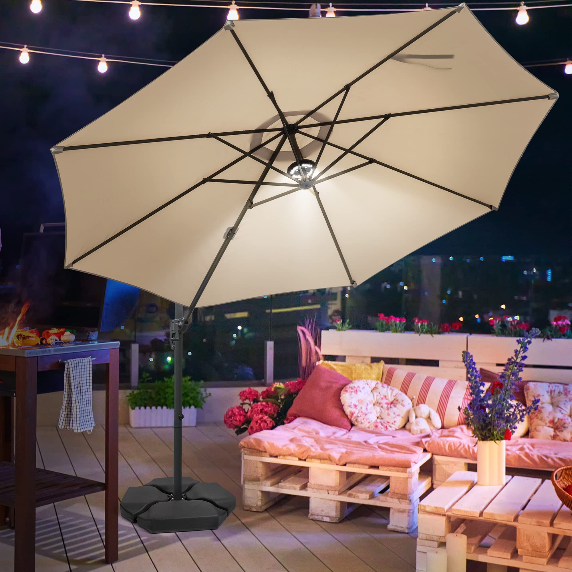 ASTEROUTDOOR 10 ft Offset Patio LED Light Cantilever Hanging Round Outdoor Umbrella Aluminum Frame with 360° Rotation, Crank Lift & 5 Position Tilt, Beige