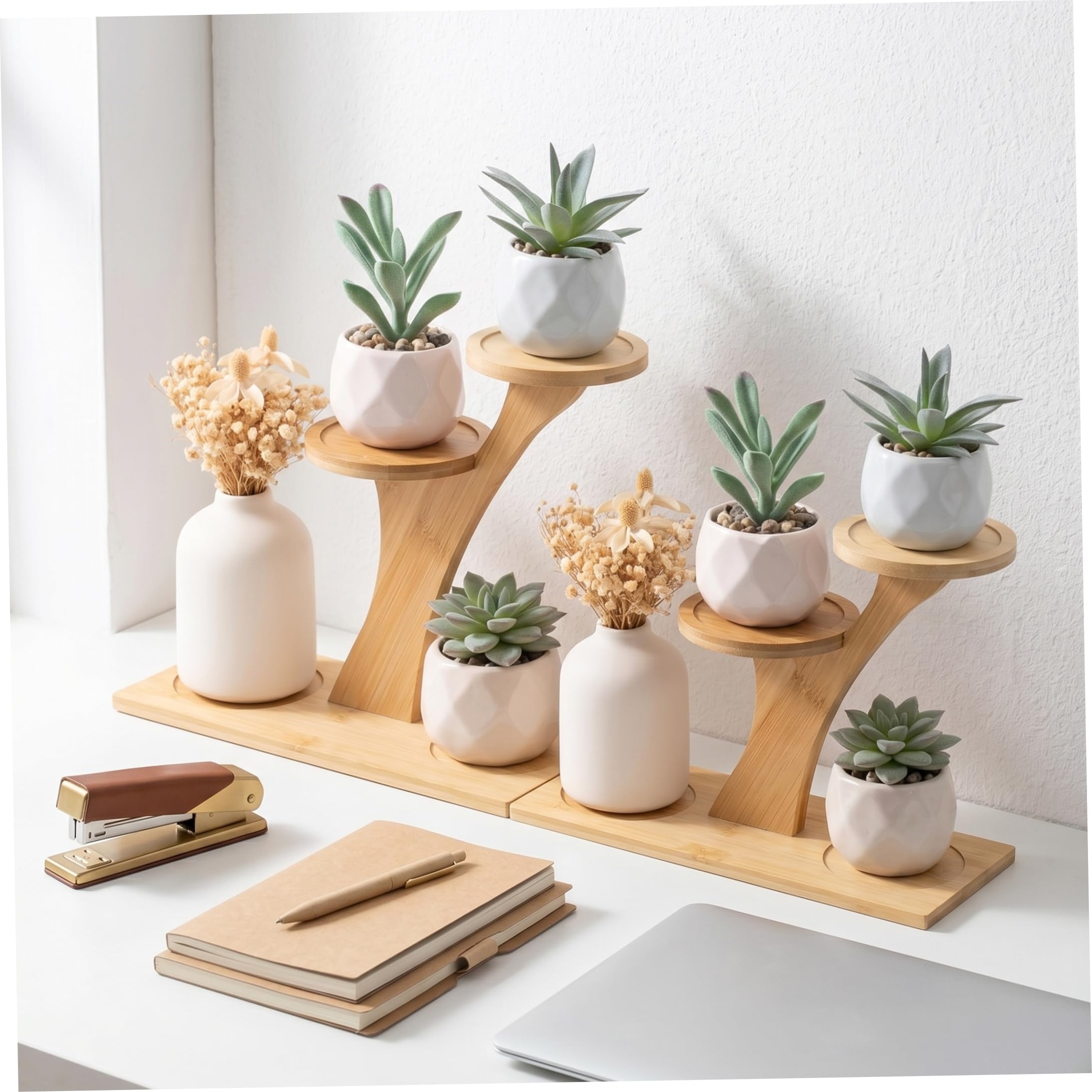 Aetherize 2 Pack 3-Tier Bamboo Plant Stand, Natural Wooden Window Sill Shelf for Small Plants Home Office