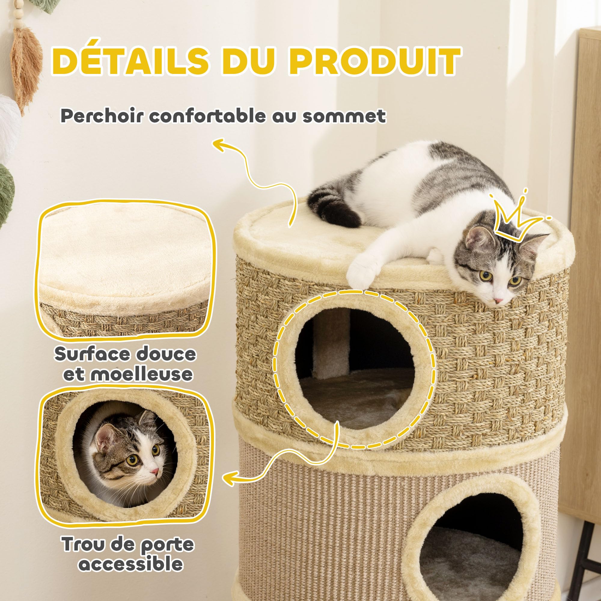 PawHut Tonneau à Gratter pour Chat 3 Niveaux, Arbre à Chat Sisal Naturel et Herbiers Marins Recouvert de Peluche 45 x 45 x 79 cm Kaki et Café