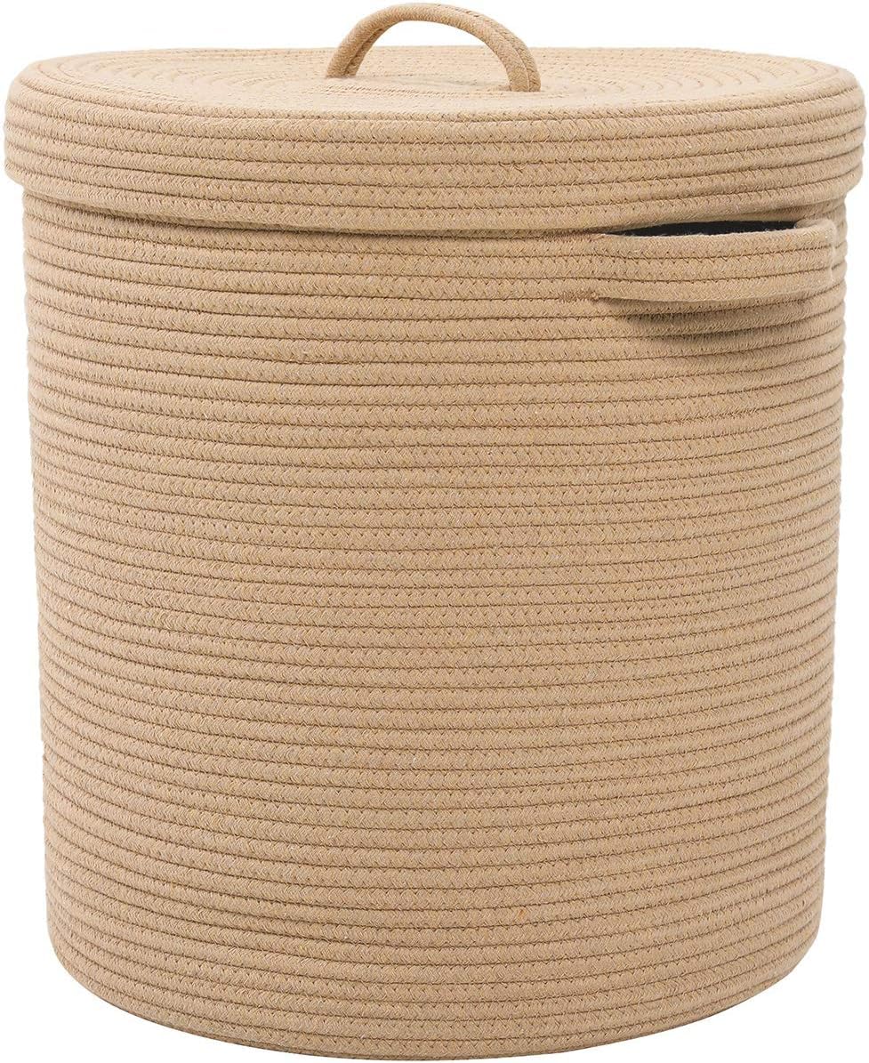 GLEAM Basket with Lid Cotton Rope Basket with Handles, Laundry Basket for Cloths, Decorative Laundry Basket, Organizing (Full Beige, 12 x 14 Inch Small)-image-28