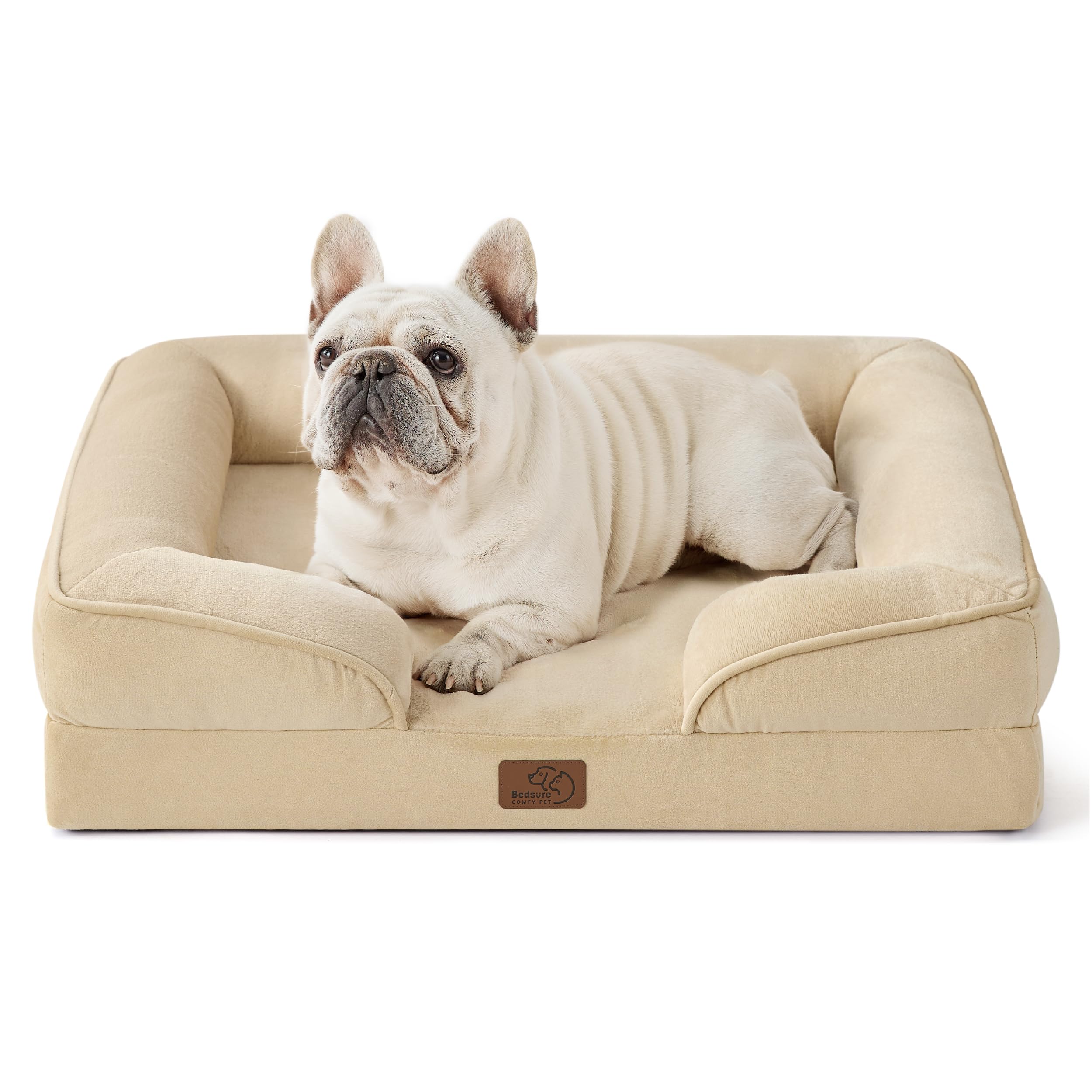Bedsure, Letto/divano ortopedico per cani, di dimensioni medie, con rivestimento in flanella con cerniera sfoderabile e lavabile, kaki chiaro, 71 x 58 x 16 cm, dimensioni della seduta: 48 x 47 cm