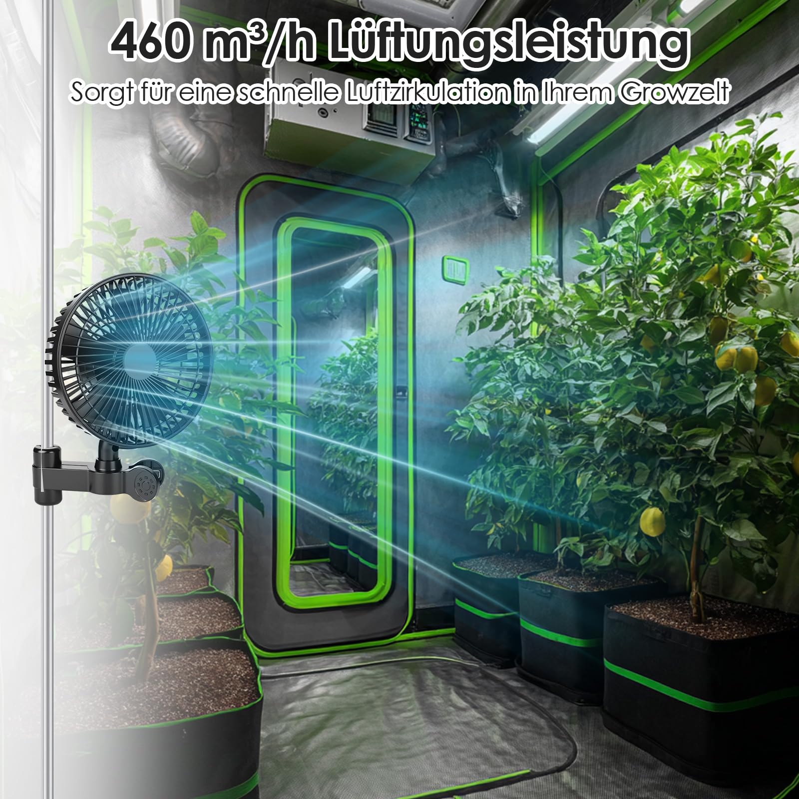 Grow Ventilator mit Clip, 4 Geschwindigkeitsstufen, IP-44 Schutzklasse, EC-Motor, Oszillierender Klemmventilator für Growbox/Zelt, 10W Leistung