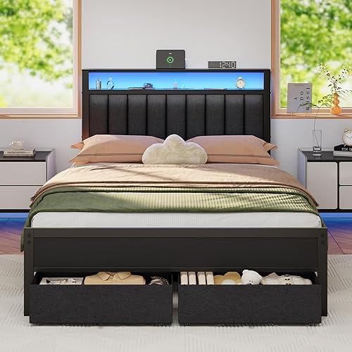 Furnulem Full Size Bed Frame with Charging Station and LED