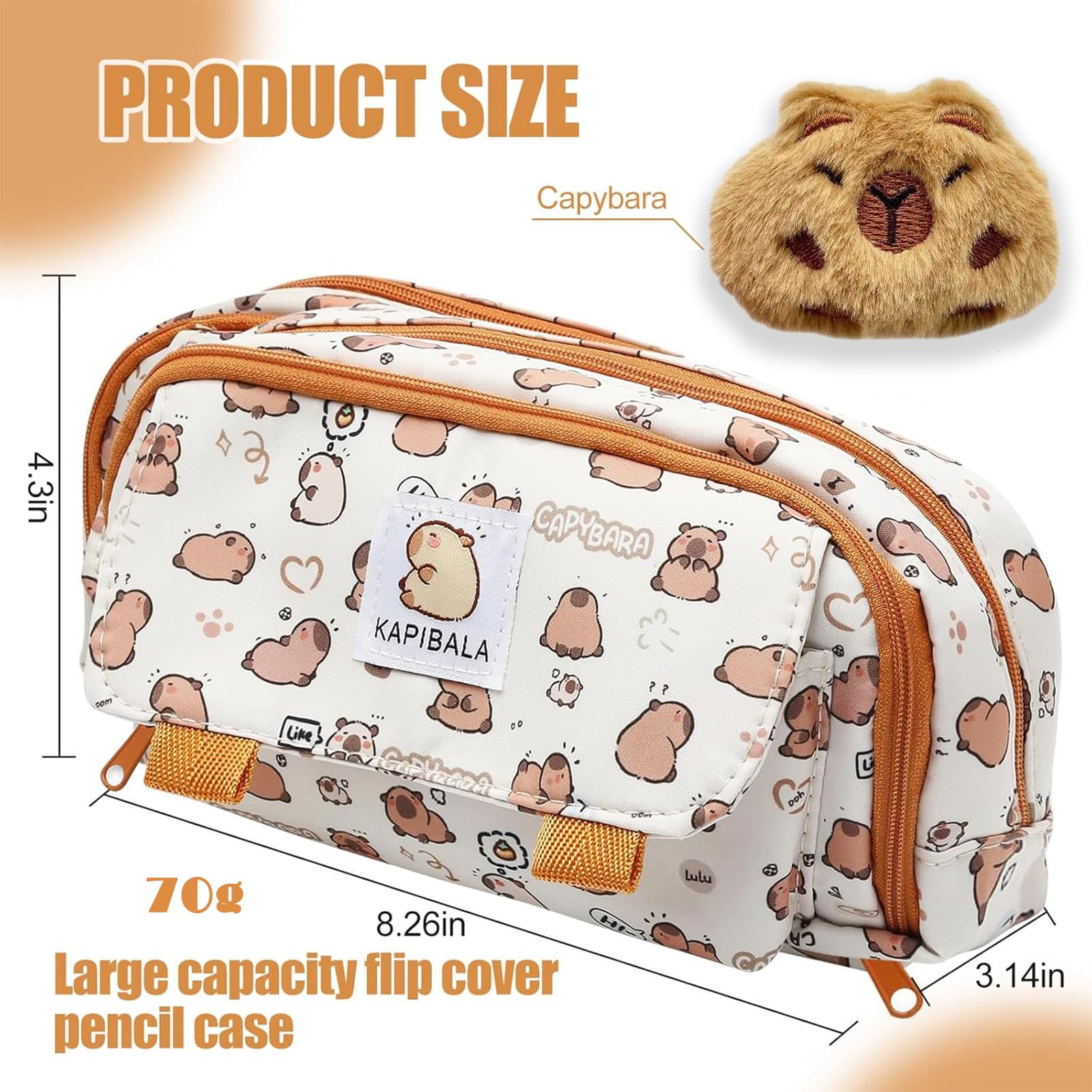KSVFTB Capybara Pencil Case, Capybara Stationery with Compartments, Comes with Brooch Pendant - Image 2