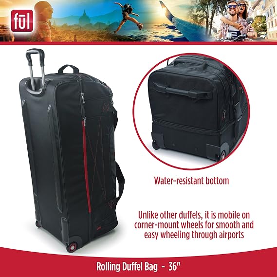 ful Rolling Duffel Travel Luggage Bag with Wheels, Black, 36
