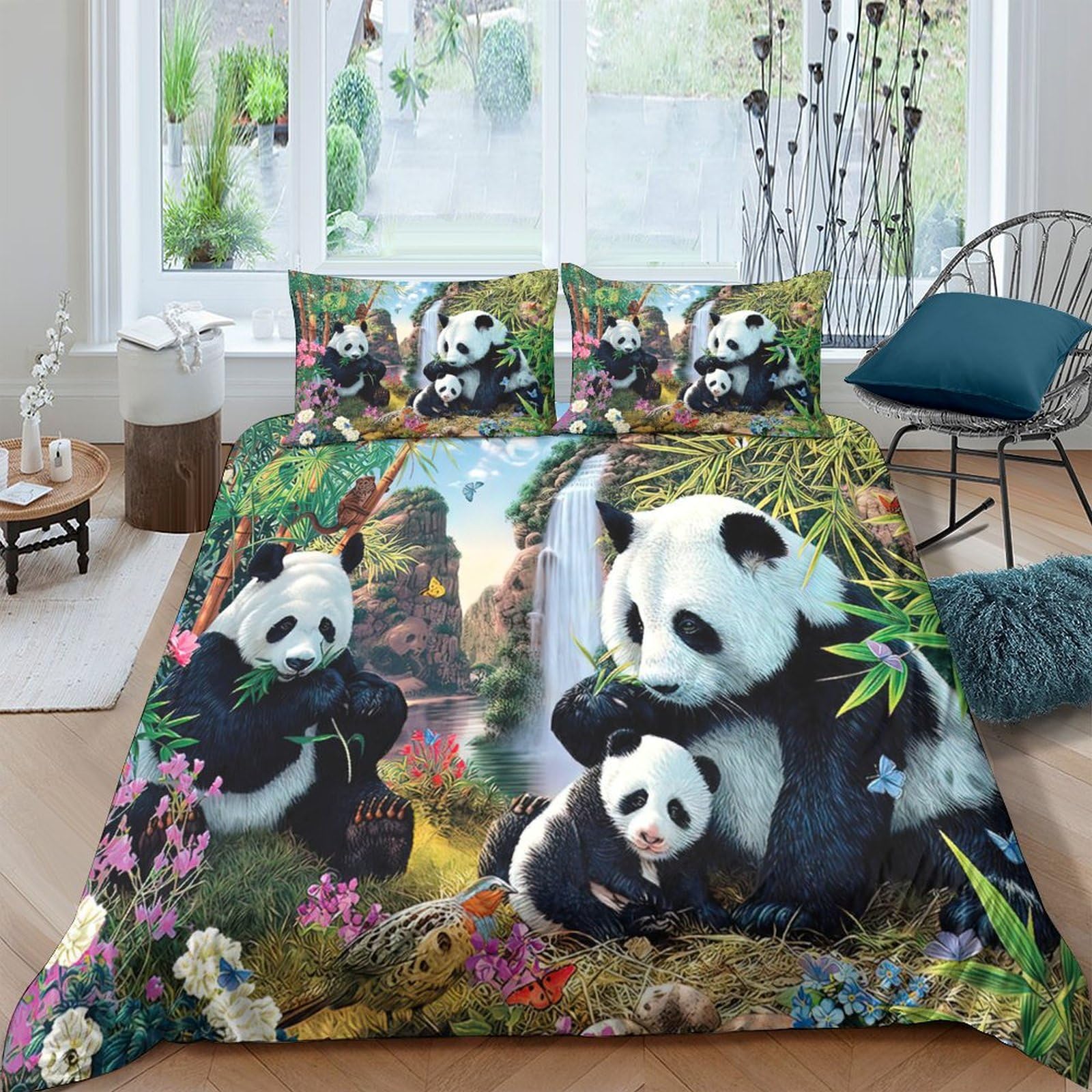 Ctjqhvkz Style-10 3D Printed Panda Family Fitted Sheet Microfiber Soft Anti-Slip Waterfall Bamboo Mattress Cover Bedroom Decor Machine Washable Single（135X200cm）