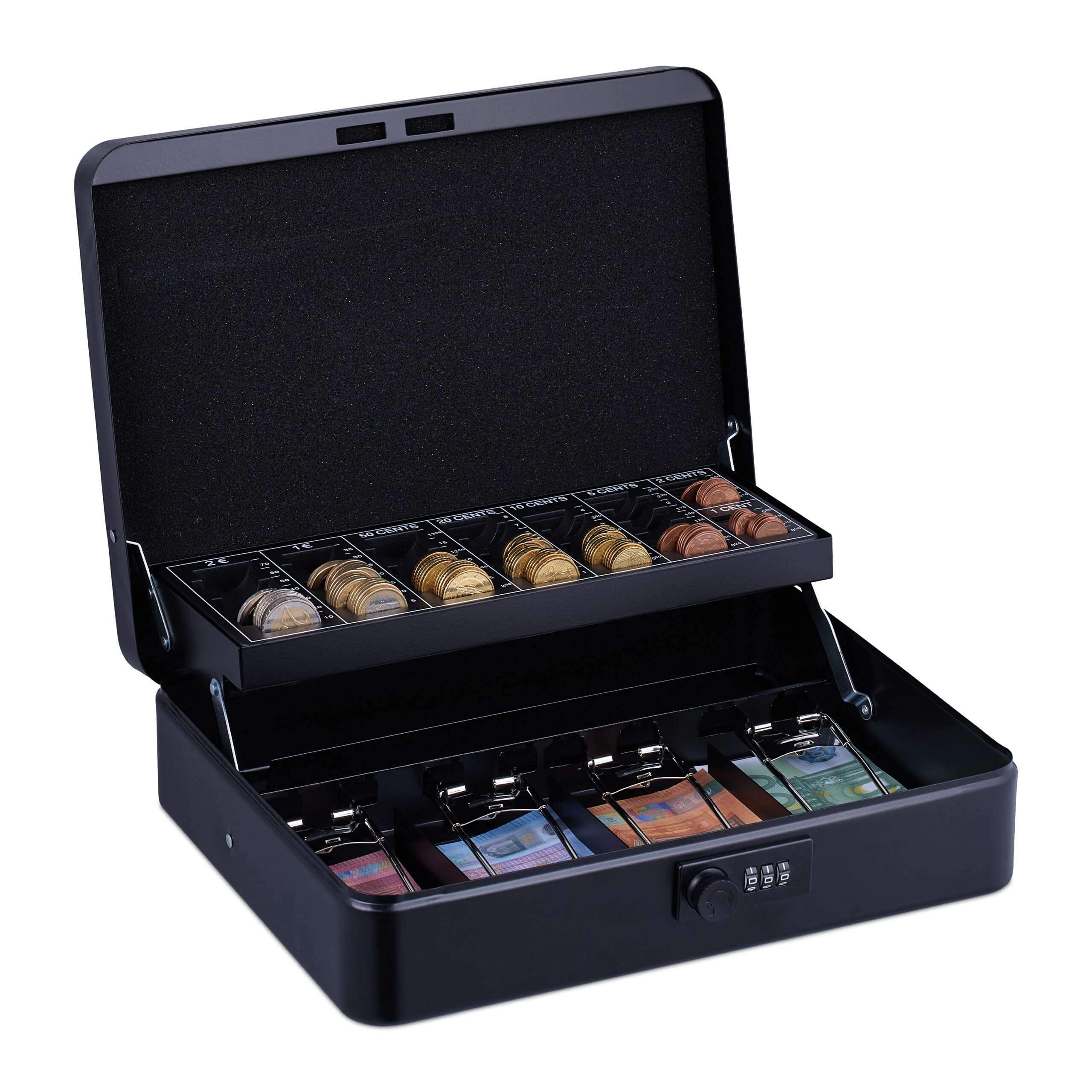 Relaxdays cash box, 3-digit combination, coin insert, iron money box, HxWxD: 8.5 x 30.5 x 25 cm, black