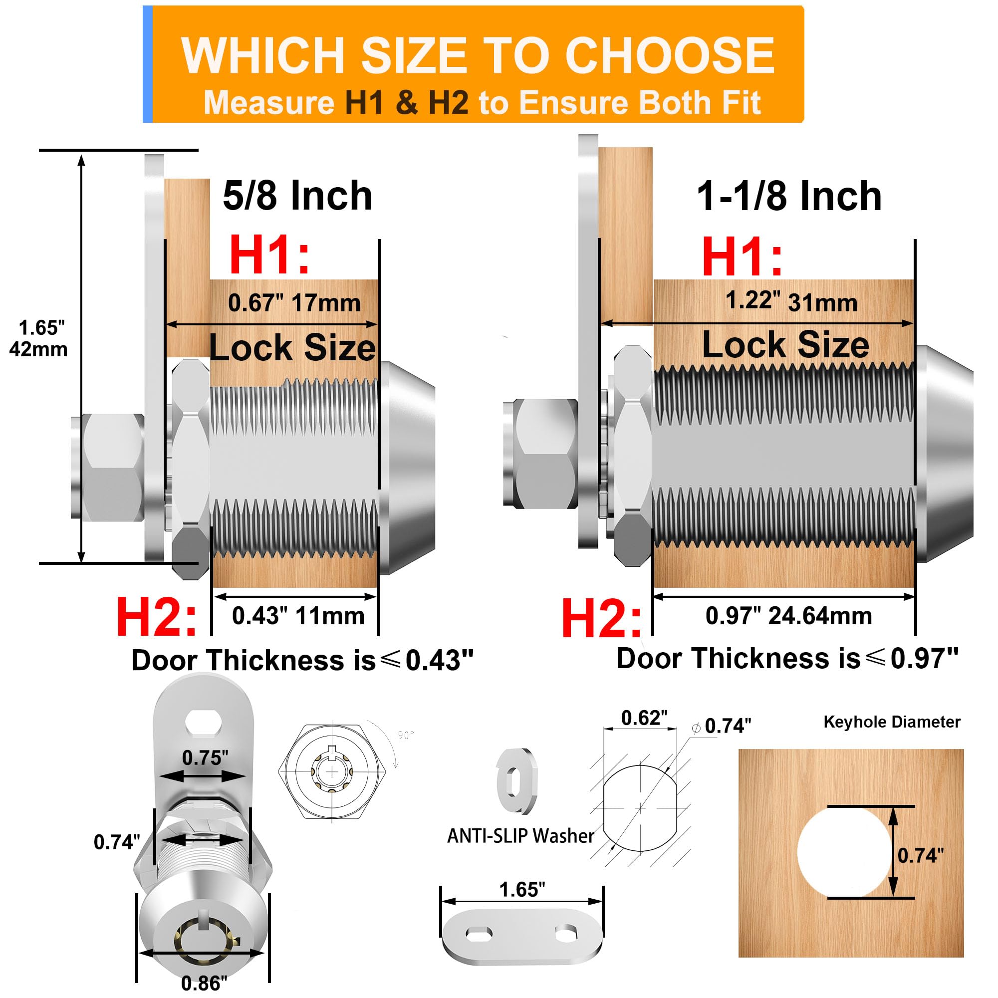 Cam Lock RV Aufbewahrungsschlösser, gleichschließend Schrankschlösser für Aufbewahrungstür an Werkzeugkasten Wohnmobil, Sicherheitsakten und Schublade, Zinklegierung (1 Pack 5/8 Inch)