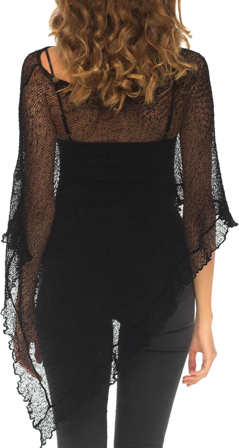 SHU-SHI Womens Sheer Poncho Shrug Lightweight Knit Ruffle Pullover Sweater Top - Image 5