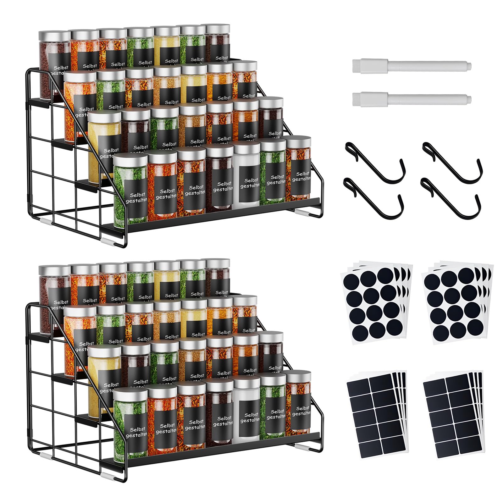 AHOMSEL 4-Tier Spice Rack Organiser, Height adjustable (2/3/4 levels) Spice Racks, Metal spice rack with S-hooks & labels, Spice organizer for kitchen, cupboard, bathroom, 2 Packs