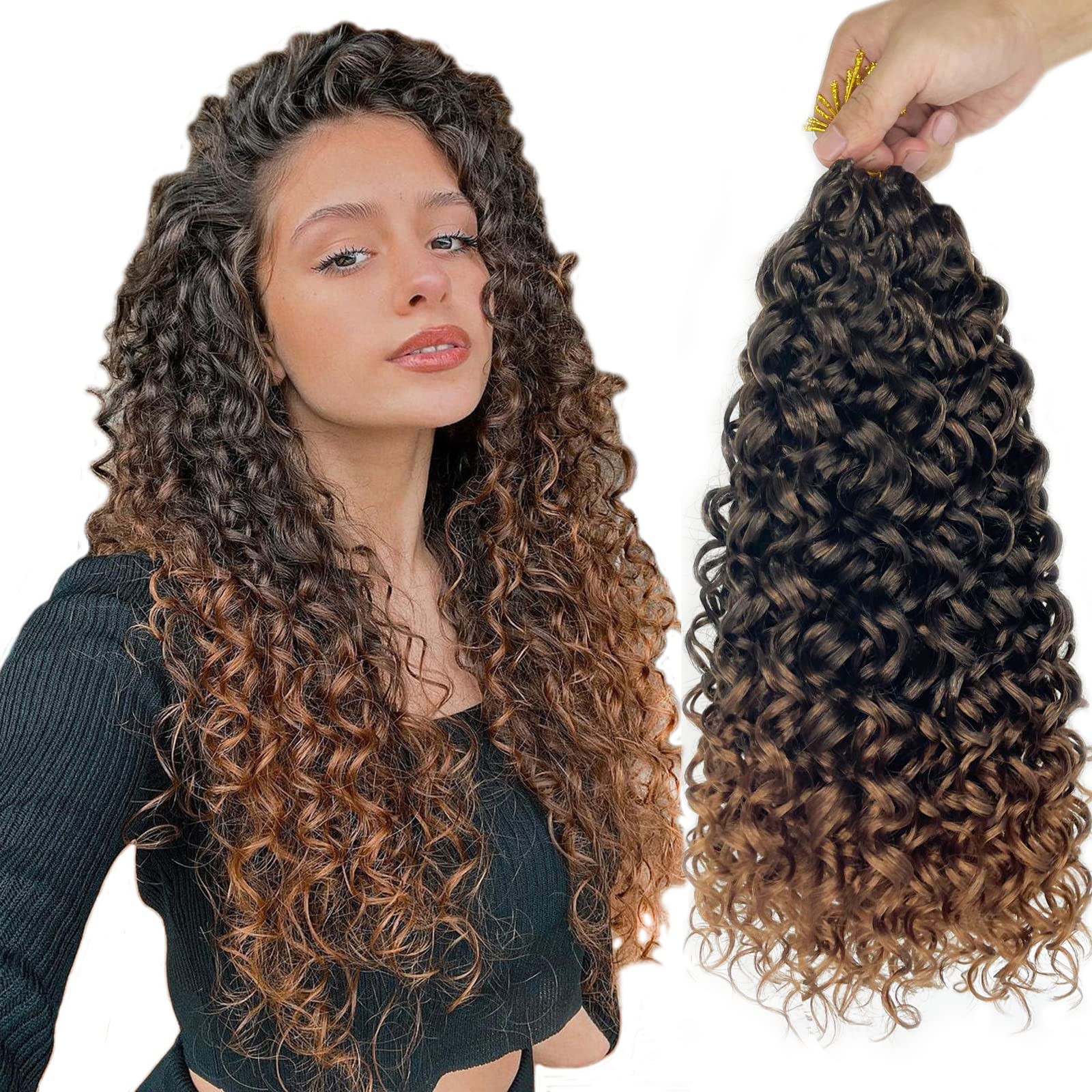 Gogo Curl 18 Inch 8 Packs Curly Crochet Hair for Black Women Ombre Dark Brown Color Wavy Beach Curls Crochet Hair Water Wave Go Go Crotchet Hair Curly