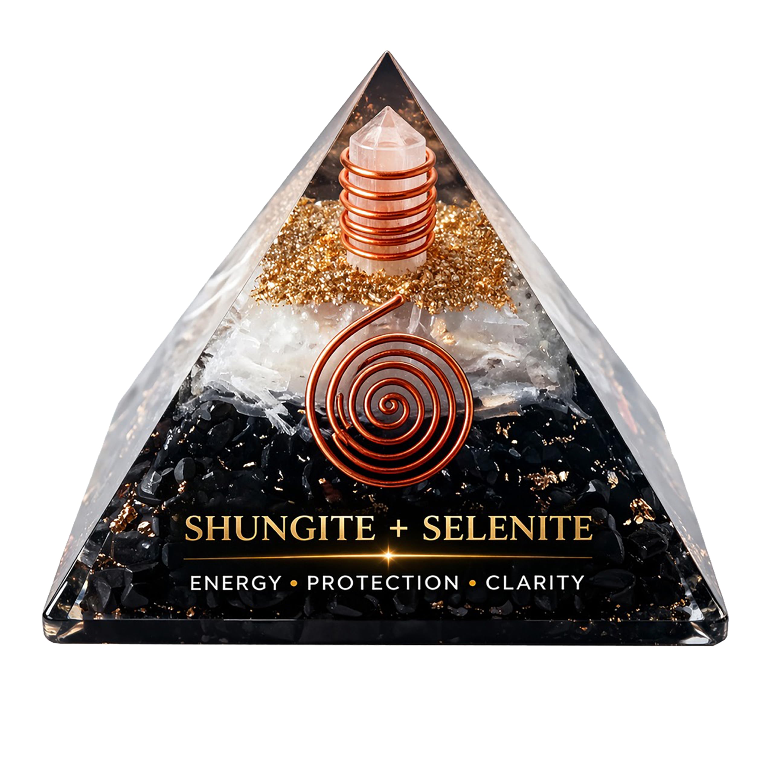 Shungite and Selenite Orgone Energy Generator Pyramid for