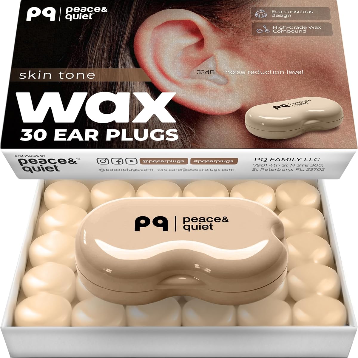 PQ Sleeping Ear Plugs Silicone - 30 Wax Moldable EarPlugs for Sleeping Noise Cancelling for Swimming, Sound Blocking Level 32 Db, (30 Silicone Earplugs), Color: Skin Tone