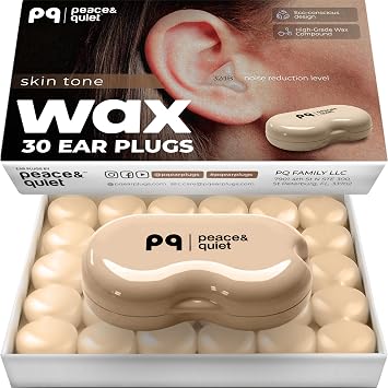 Peace&Quiet PQ Sleeping Ear Plugs Silicone - 30 Wax Moldable EarPlugs for Sleeping Noise Cancelling for Swimming, Sound Blocking Level 32 Db, 30 Silicone Earplugs, Color Skin Tone