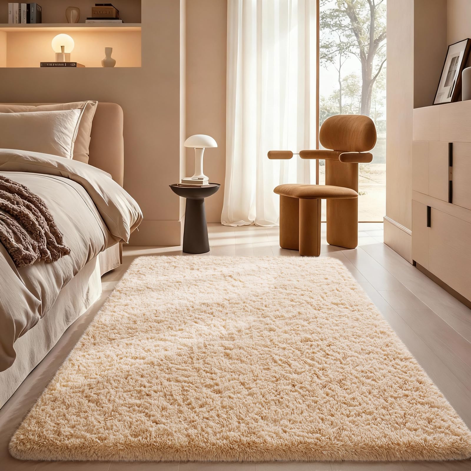 ophanie beige rugs for bedroom living room, fluffy fuzzy furry carpet, plush soft shaggy bedside indoor floor 4x6 area rug for kids girls boys baby teen dorm nursery home decor aesthetic
