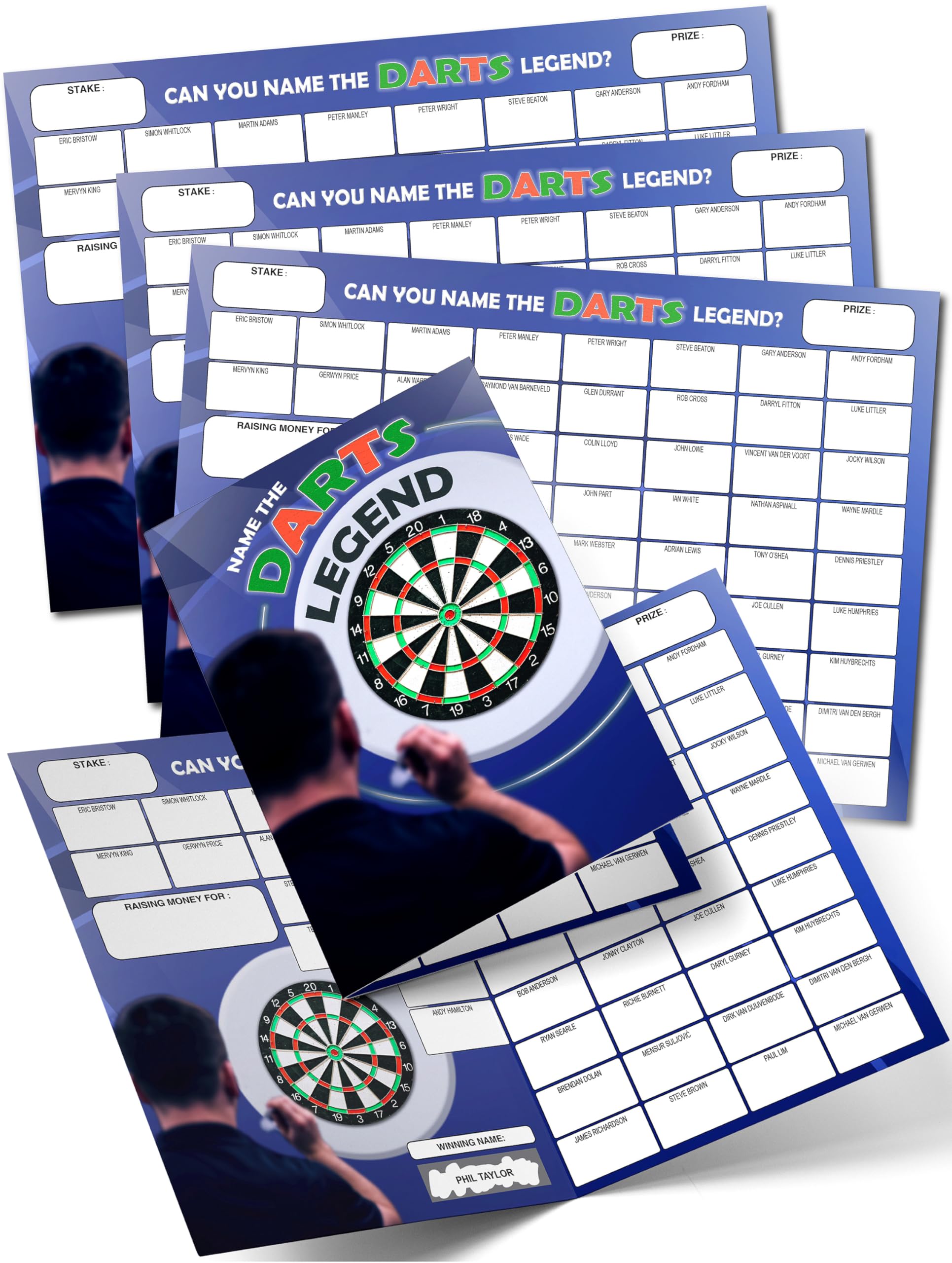 Pack 4 Fundraiser Hero Name the Darts Legend Fundraising Scratch Card. A4 Size - 50 Names - Double Sided 330gsm Cards