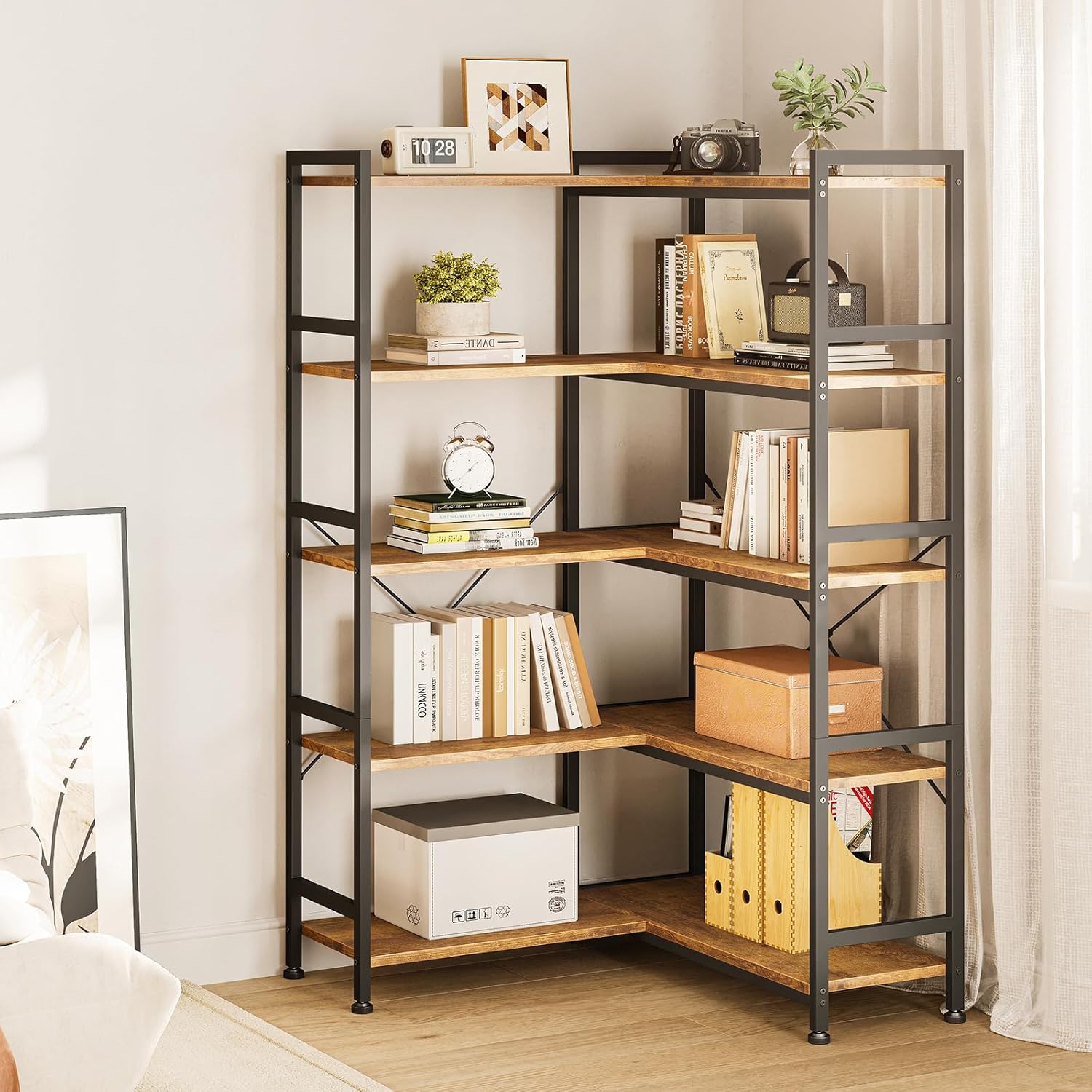 Casaottima Corner Book Shelf, 5 Tier Reversible Bookshelf for Living Room, Industrial Wooden Bookcase with Open Shelves and Metal Frame for Bedroom, Home Office, Kitchen, Vintage
