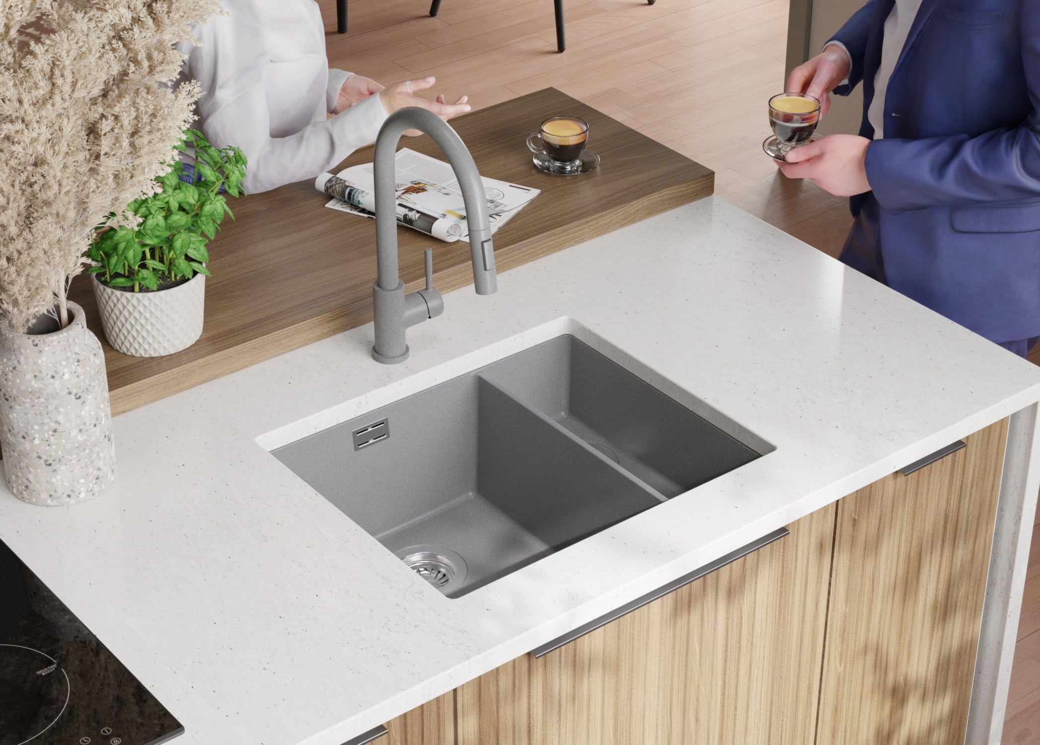 PRIMAGRAN Evier Sous Plan Gris 56x47cm, Evier en Granit 1,5 bacs + Kit de Vidage + Égouttoir Enroulable, Évier au Meuble 60cm - London Duo S039