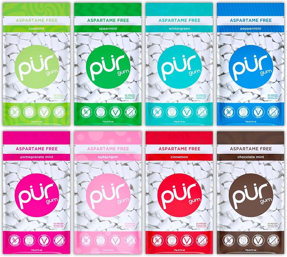 PUR Gum | Aspartame Free Chewing Gum | 100% Xylitol | Natural Flavored Gum, Variety Pack, 55 Pieces (Pack of 8)