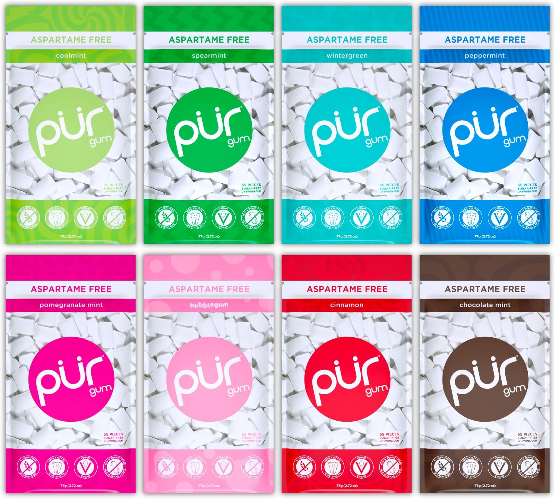 PUR Gum | Aspartame Free Chewing Gum | 100% Xylitol | Natural Flavored Gum, Variety Pack, 55 Pieces (Pack of 8)