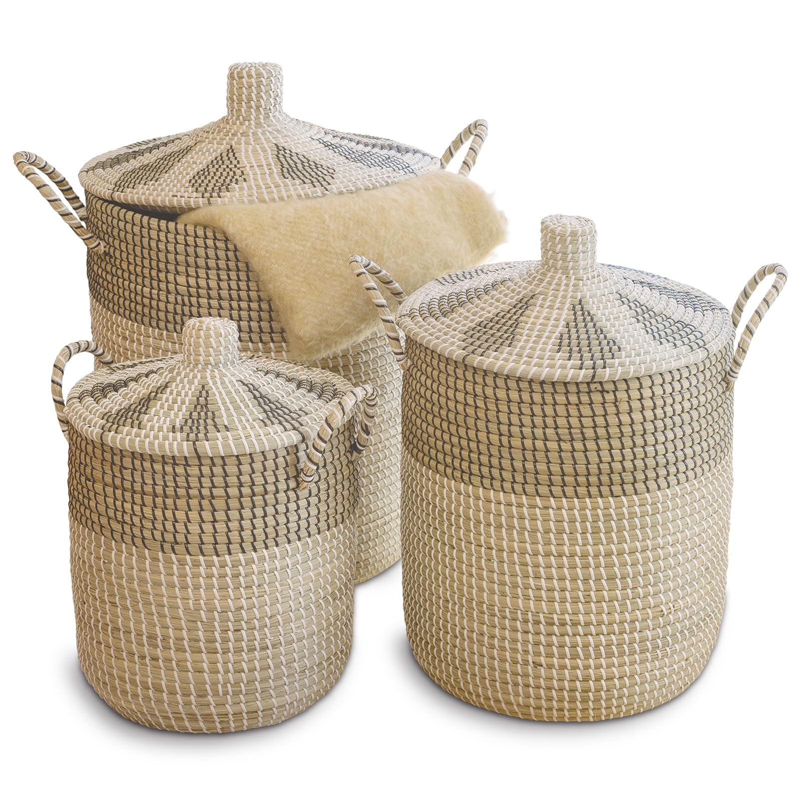 3 Pz 76L+43L+26L Set di Cestini per la Biancheria con Coperchio e Sacchetti Interni, Cesto Intrecciato, Fatto a Mano, Cesto Portaoggetti con Manici in Salice per Bagno o Cameretta dei Bambini, per