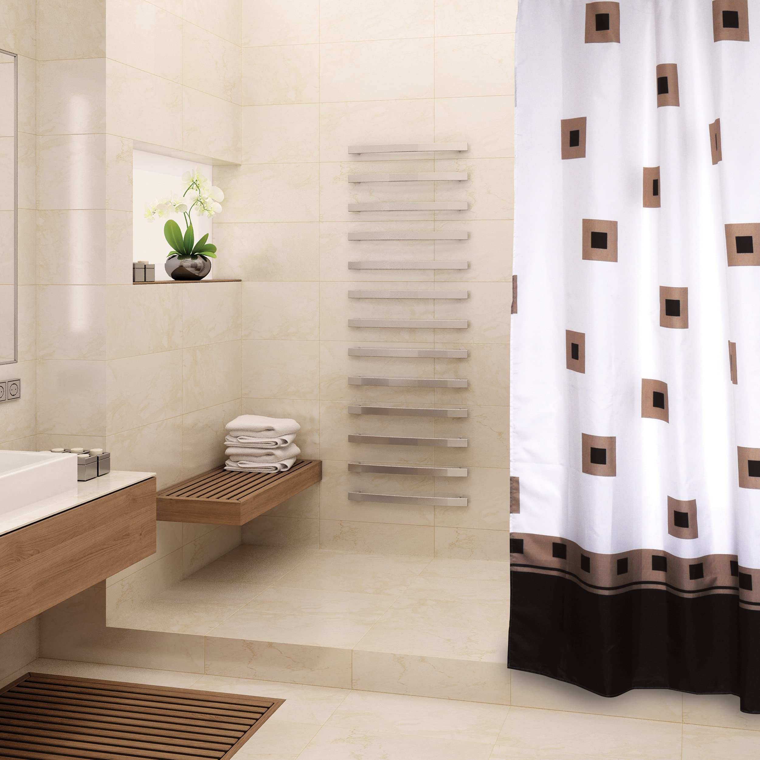 MSV Squares Anti-Mould Shower Curtain Anti-Bacterial Washable Waterproof Polyester 180 x 200 cm