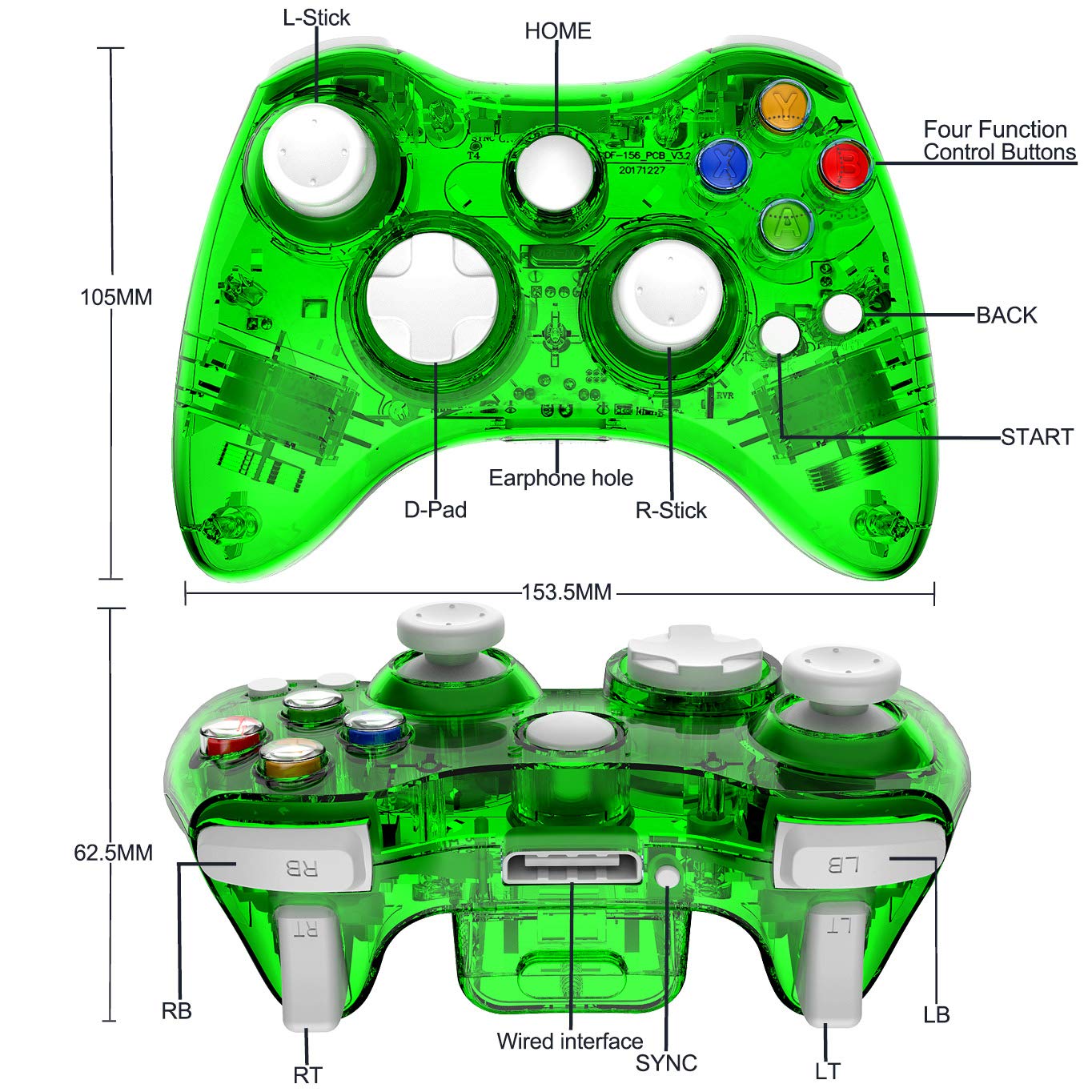 PAWHITS Wireless Xbox 360 Controller with Cool LED, Compatible with Microsoft Xbox 360 & PC (Windows 11/10/8/7), Upgraded Joystick & Dual Vibration Gamepad (Green)