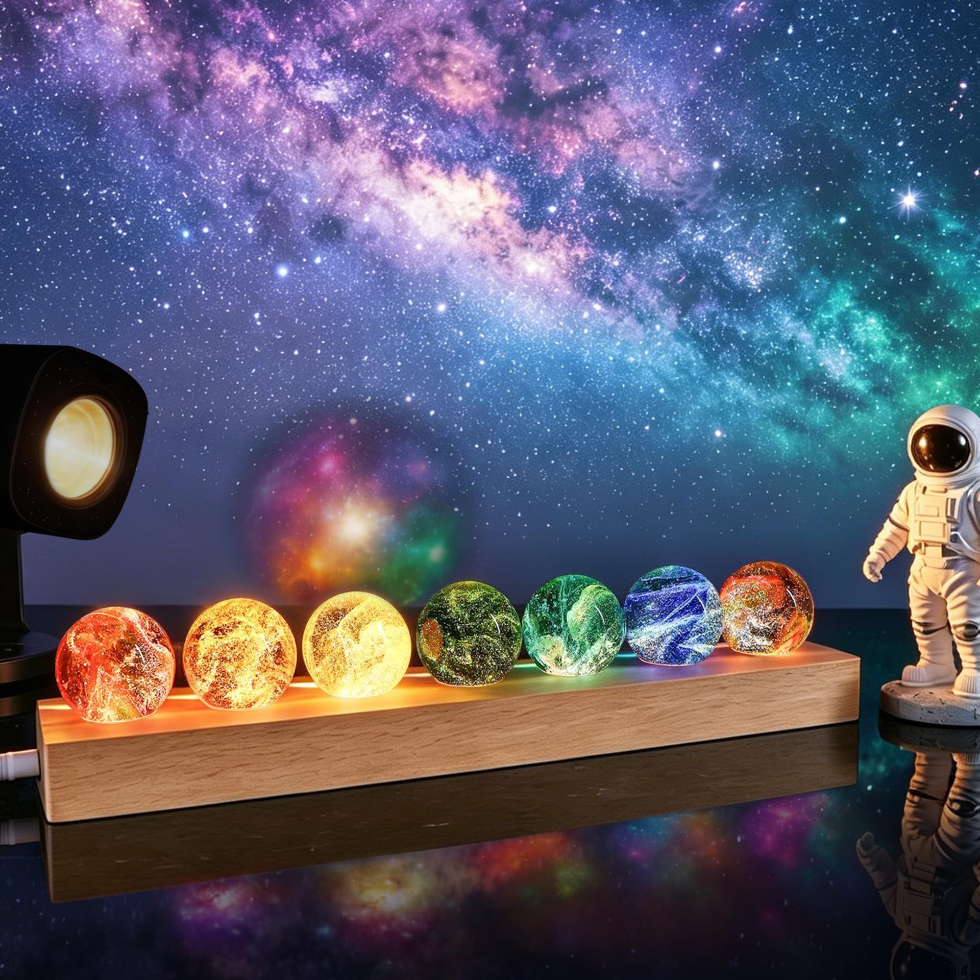 YU FENG 7 Chakra Crystal Sphere Set with LED Wooden Base, 40mm