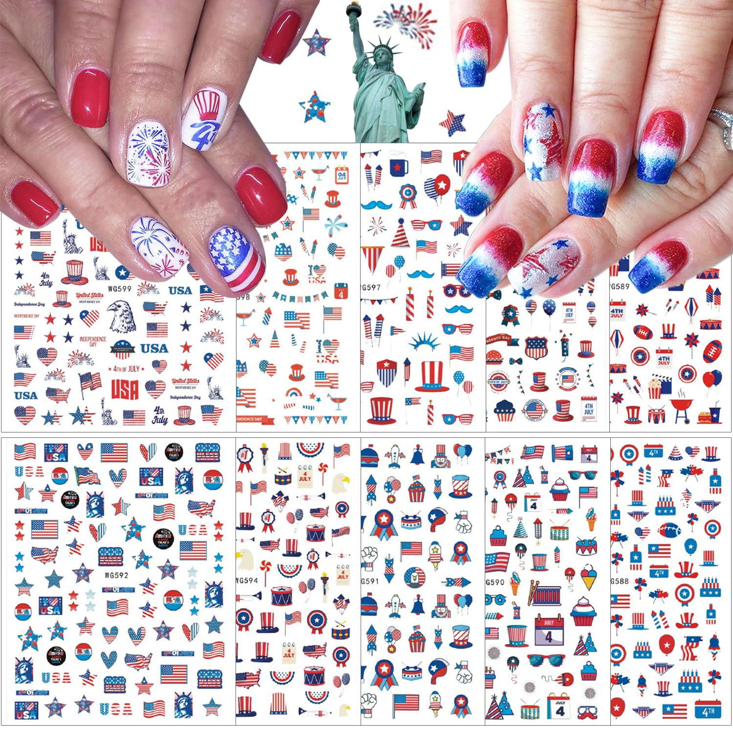 10pcs Patriotic Nail Art Stickers - DIY JulieArt 4th of July American Flag Eagle Firework Heart Stars Nail Design Decals