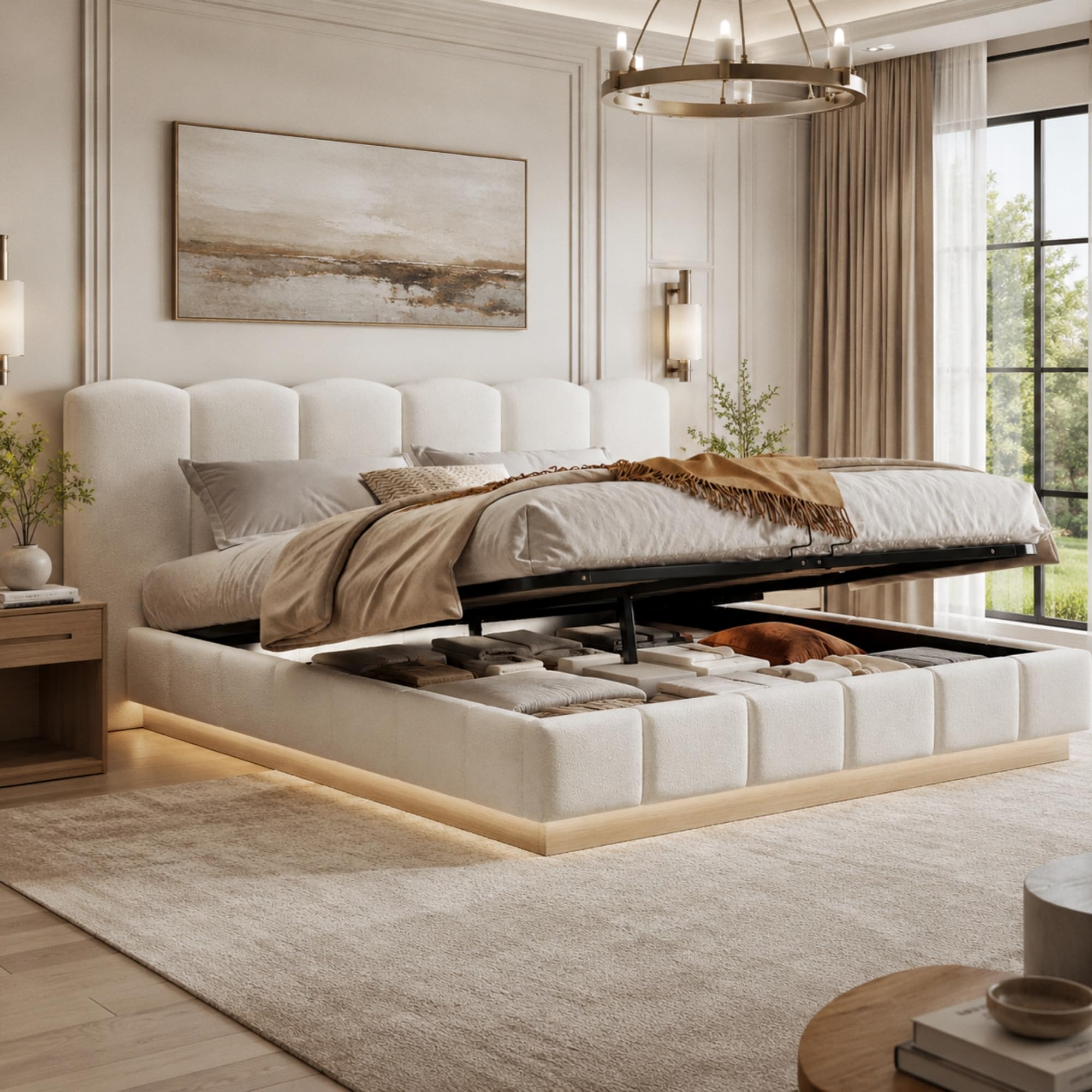Evedy Lit Coffre 180x200 cm avec Rangement Hydraulique et LED, Lit Double avec Kopfteil Nuage et Latte, Lit en Bouclé Beige pour Chambre Moderne