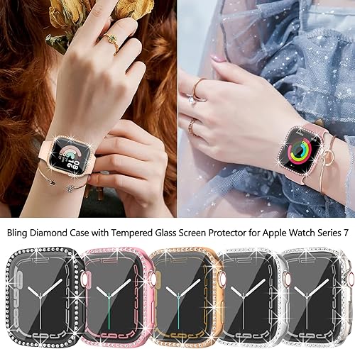 Miniatura 7 de Haojavo Paquete de 5 fundas brillantes para Apple Watch Series 9, 8, 7, 1.77 pulgadas con protector de pantalla de vidrio templado, diamantes de