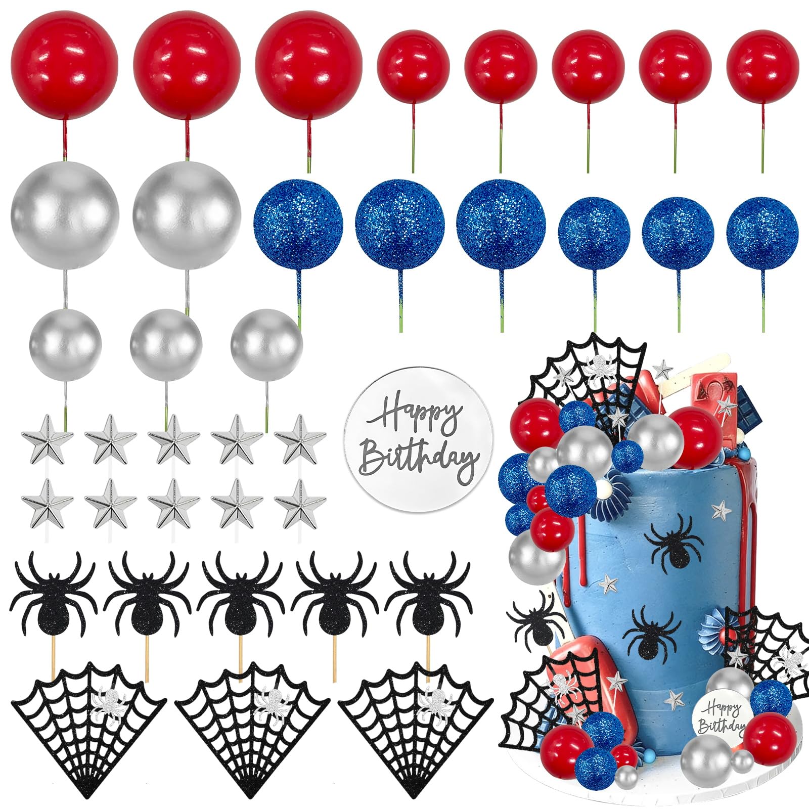 Photo 1 of ZWLIYCHN Spider Cake Topper 39Pc Spider Web Cake Decorations Spiders Themed Birthday Cake Topper Spiders Cupcake Picks with Star Red Silver Blue Balls Cake Decors for Halloween Boys Men Birthday Party