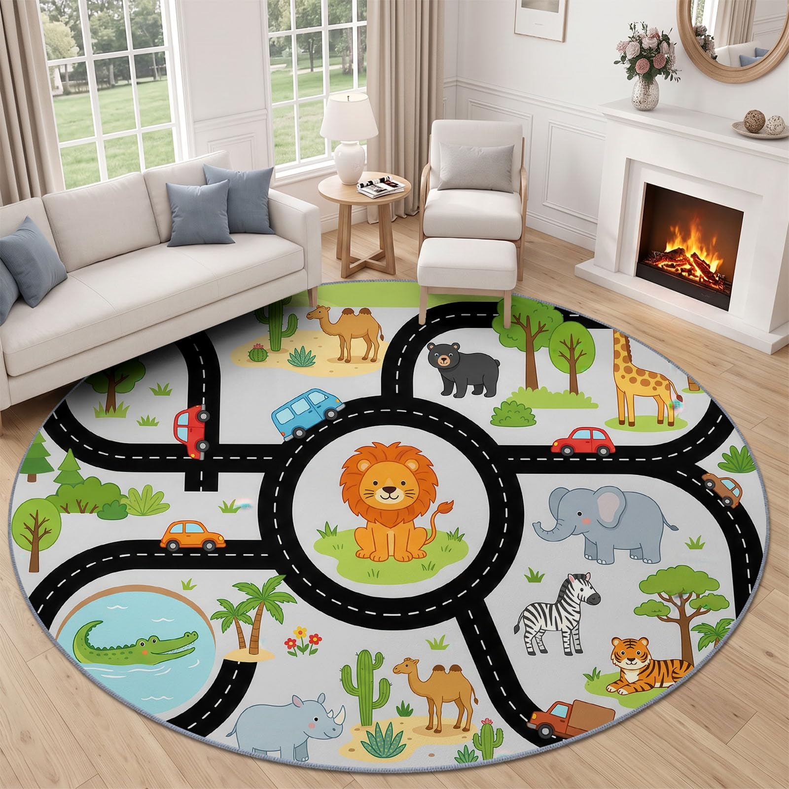 100 cm Tapis Rond De Style Animal Caricature Tapis Carte pour Enfant Lion Ultra Fin, Doux, Antidérapant, Lavable - Convient pour Chambre à Coucher Entrée Salle à Manger Dortoir Familial