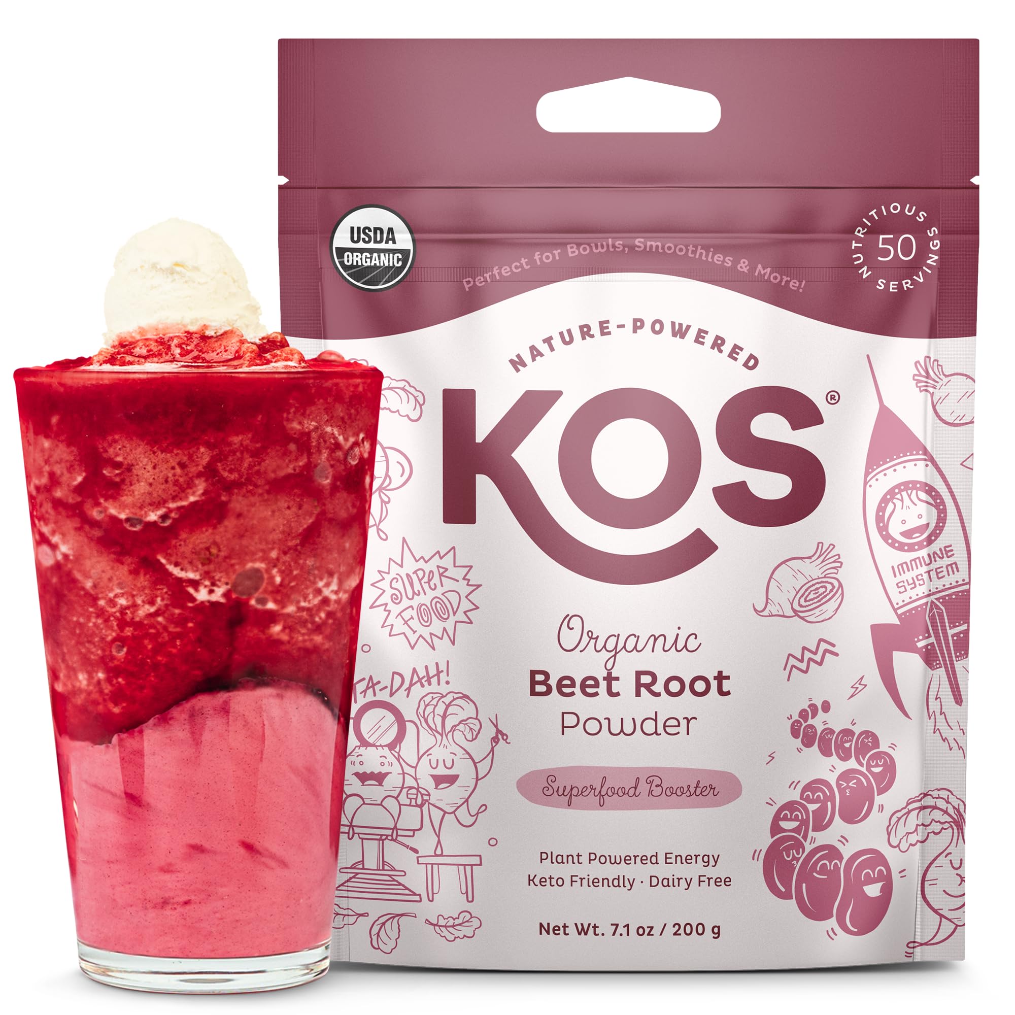 KOS Organic Beet Root Powder, USDA Certified - Superfood Plant Based Beetroot Ingredient for Stamina Increasing, Circulation - Non-GMO, Soy & Gluten-Free, 50 Servings Bag
